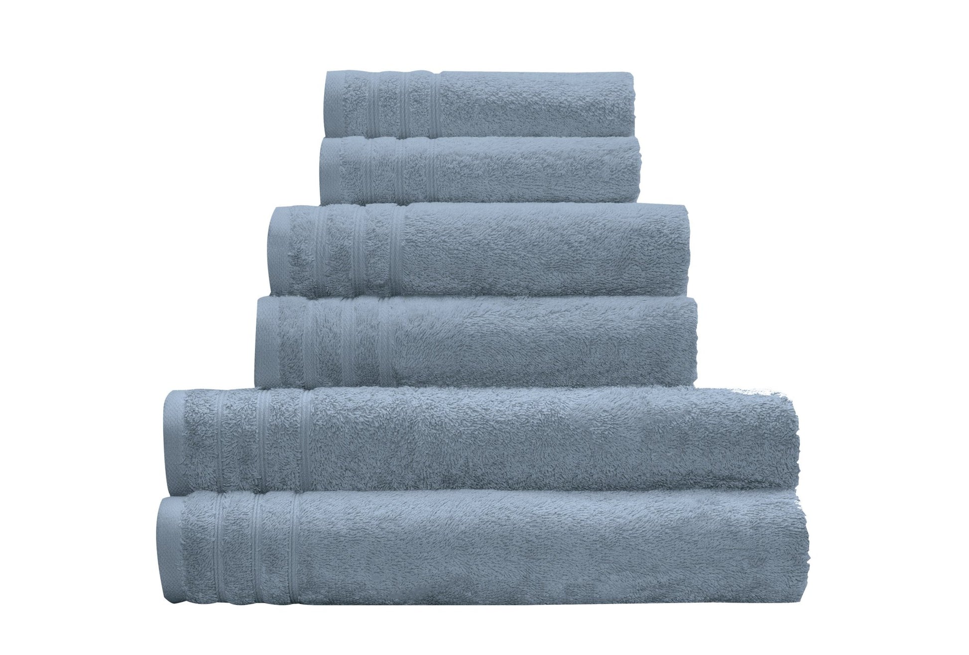 Mehrere Frottier Handtuch ROYAL Stahlblau 50x100 cm sind gestapelt vor weißem Hintergrund.