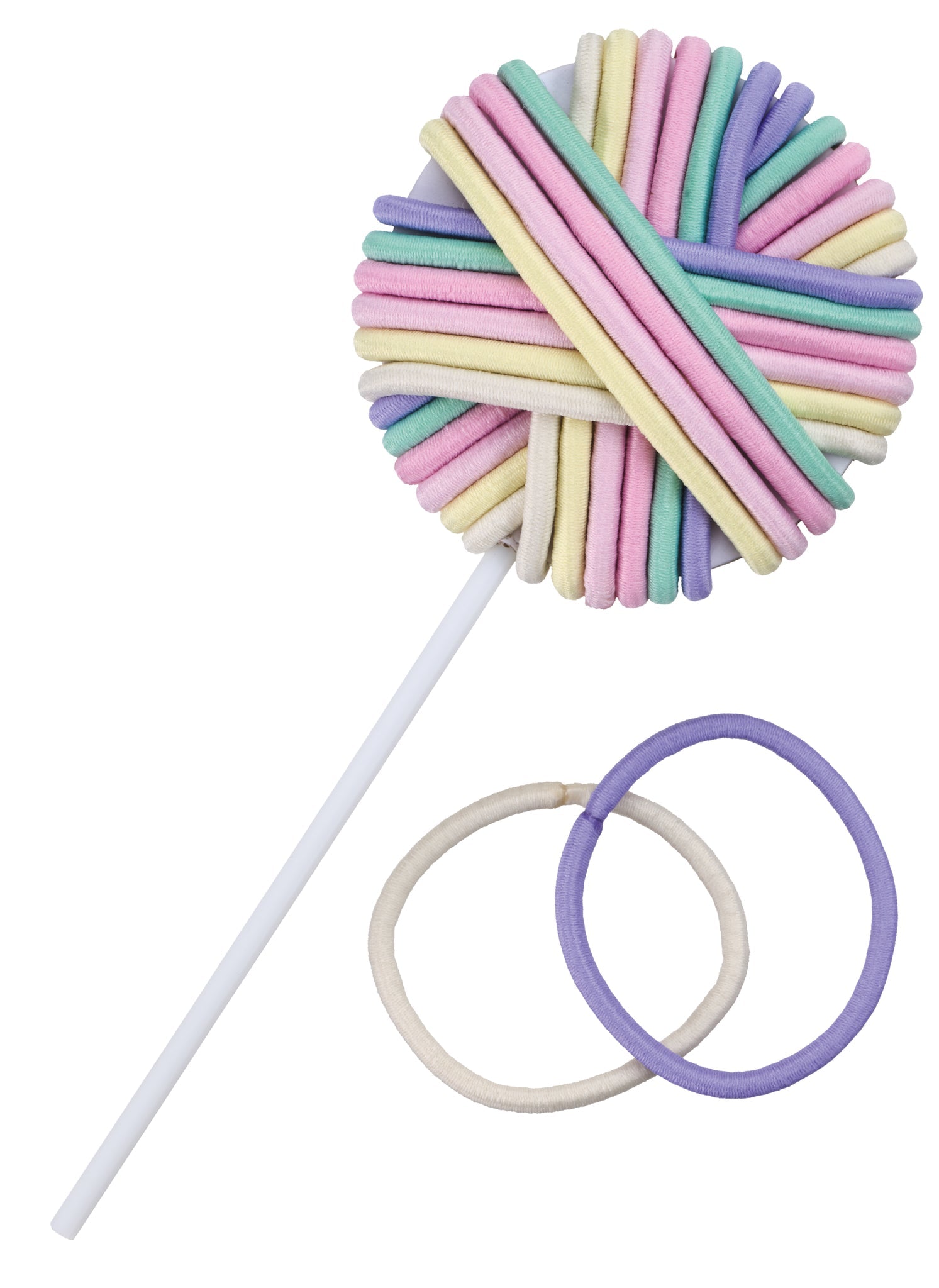 Haargummis in Pastellfarben, als Lolli gebunden, mit zwei Extras dabei