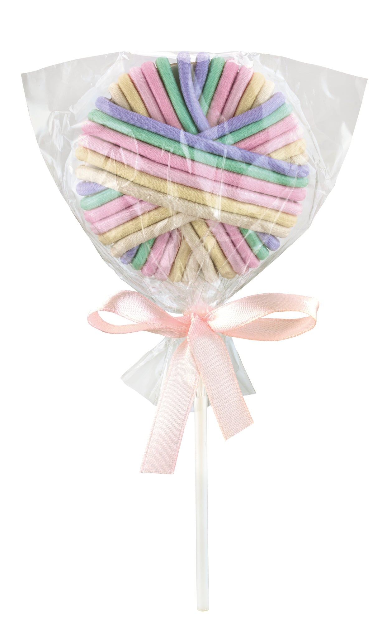 Pastellfarbener Handtuch-Lolli in Klarsichtfolie mit rosa Schleife
