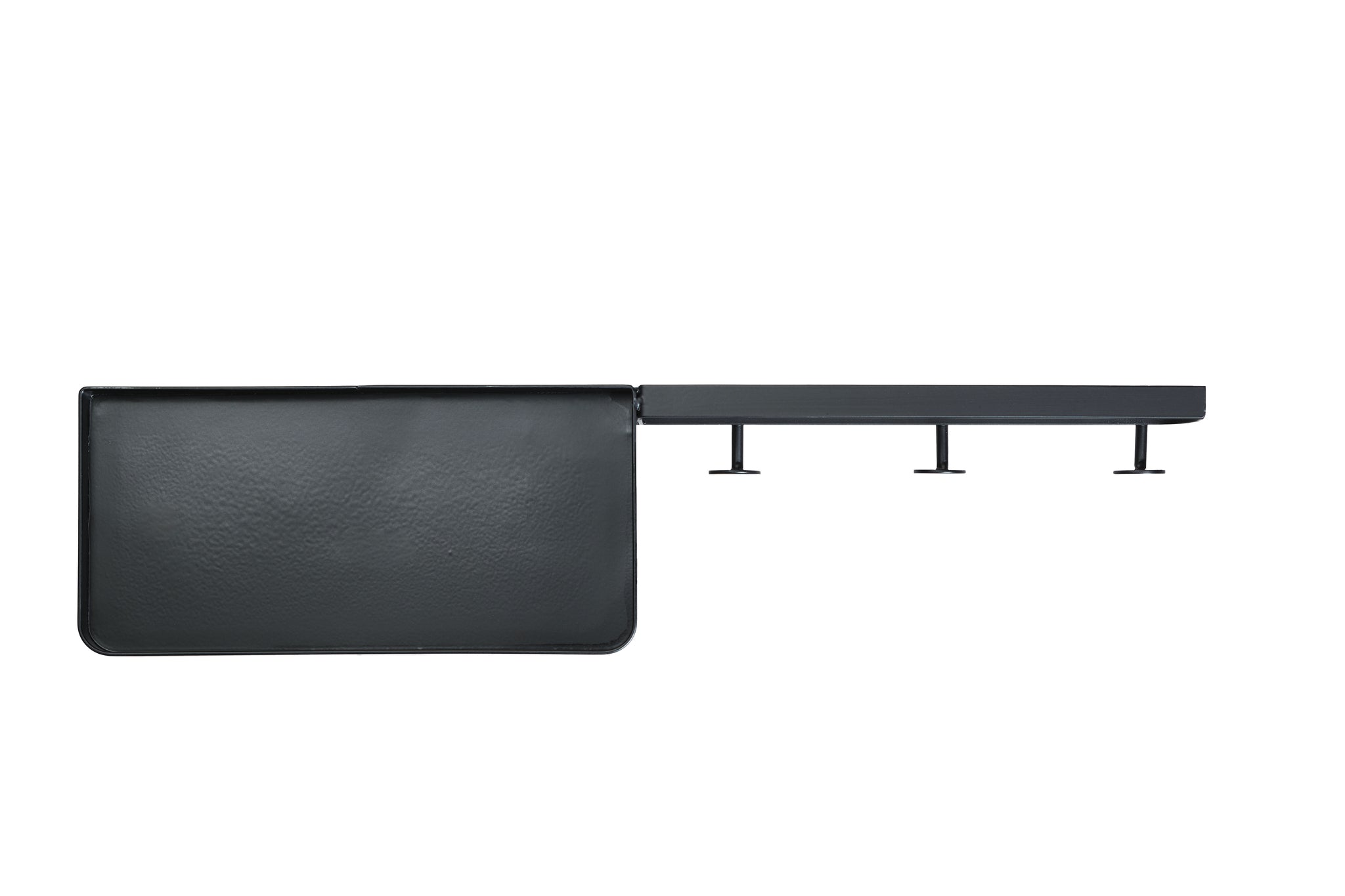 Schwarze Badablage aus Metall mit Hakenleiste und Aufbewahrung links