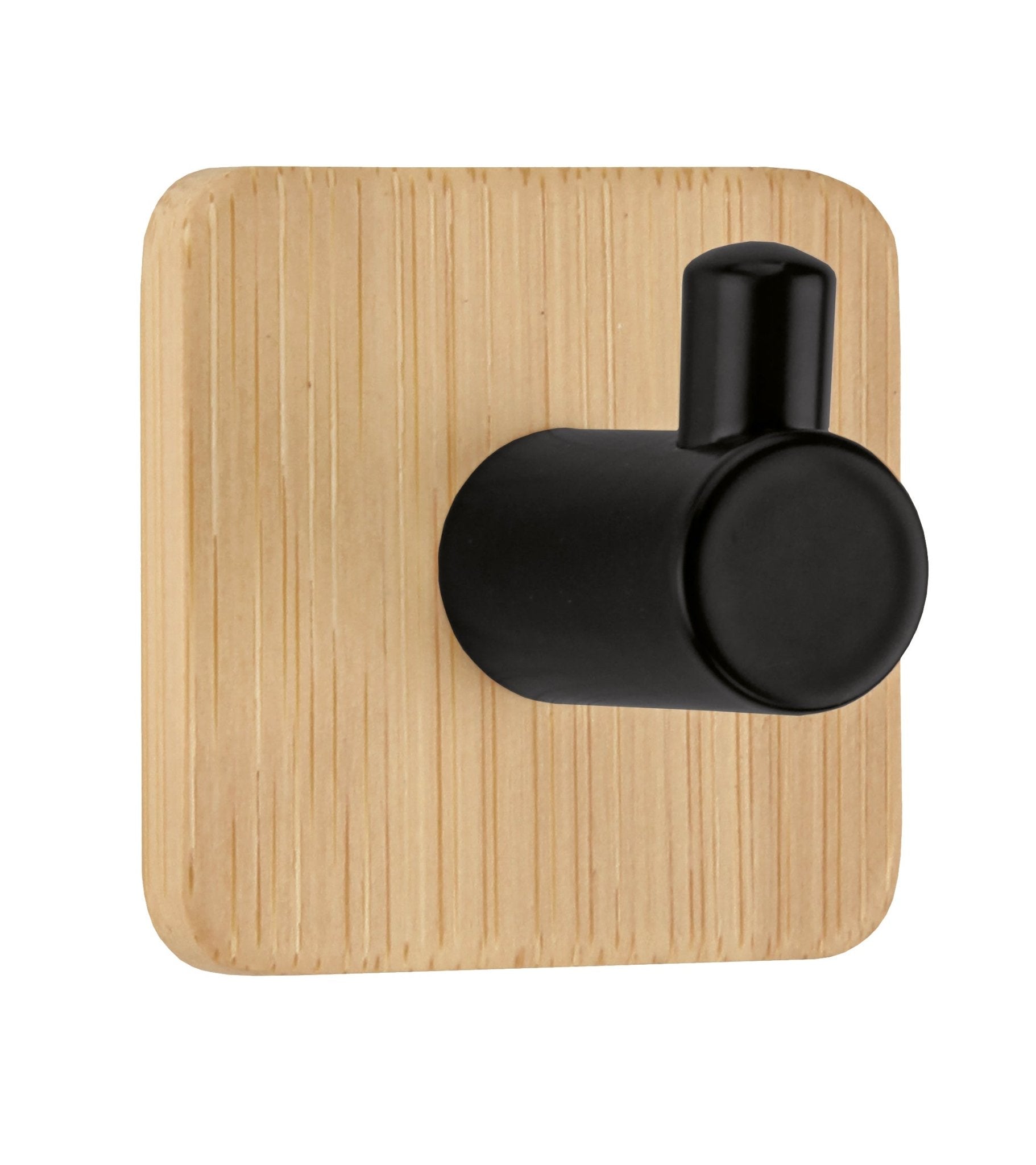 Quadratischer Wandhaken aus hellem Holz mit zylindischem, schwarzem Knauf