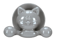 Grauer, glänzender Katzenkopf mit runden Pfoten als Dekofigur aus Keramik