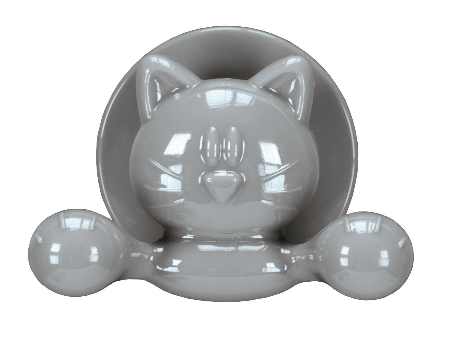 Grauer, glänzender Katzenkopf mit runden Pfoten als Dekofigur aus Keramik