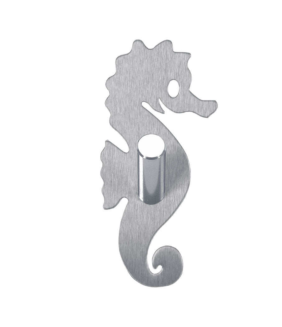 Wandhaken in Seepferdchen-Form aus gebürstetem Edelstahl, frontal