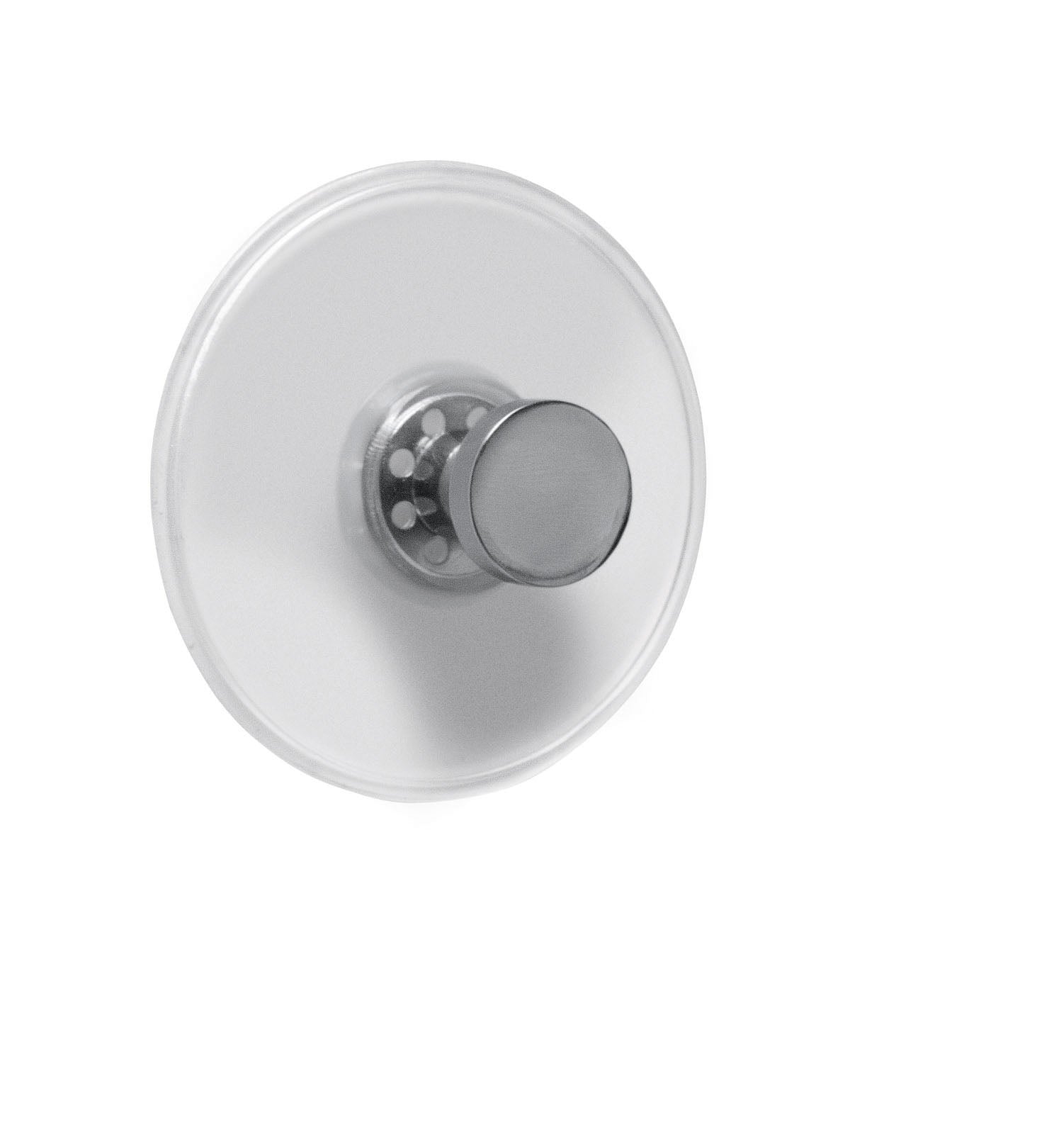 Transparenter Wandhaken mit Saugnapf und rundem Metallknopf vorn sichtbar