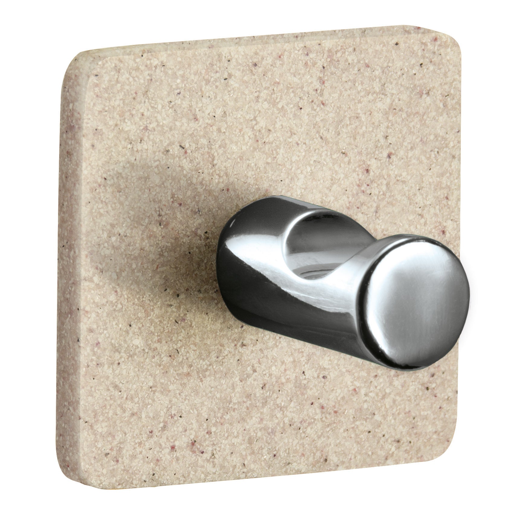 Quadratischer Bad-Wandhaken aus Metall mit beiger Steinfront
