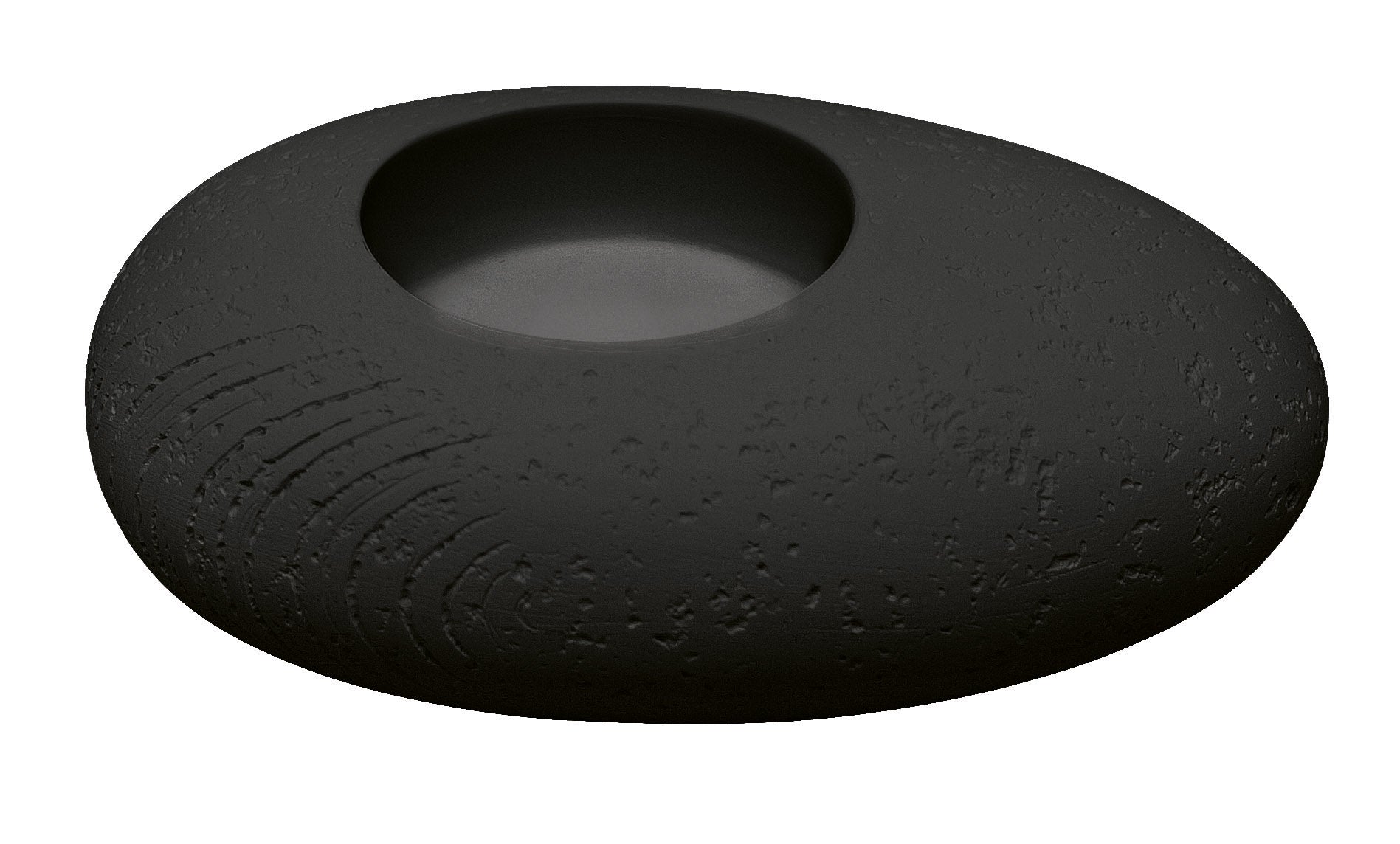 Schwarze, runde Seifenschale aus Steinoptik mit strukturierter Oberfläche