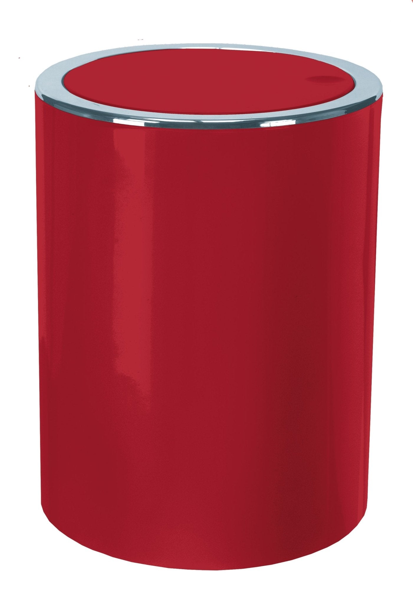 Roter Kosmetikeimer CLAP Granat 5 Liter mit verchromtem Rand steht freigestellt.