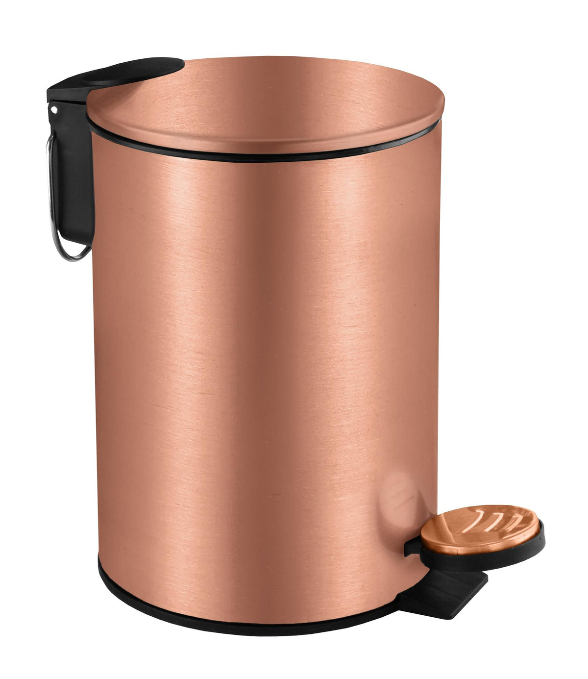 Roségoldfarbener Treteimer mit Deckel und Pedal auf weißem Hintergrund.