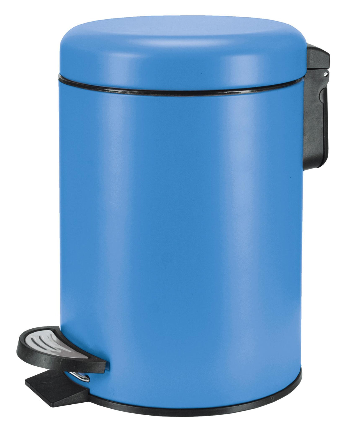 Blauer Treteimer mit Deckel und schwarzem Pedal auf weißem Hintergrund.