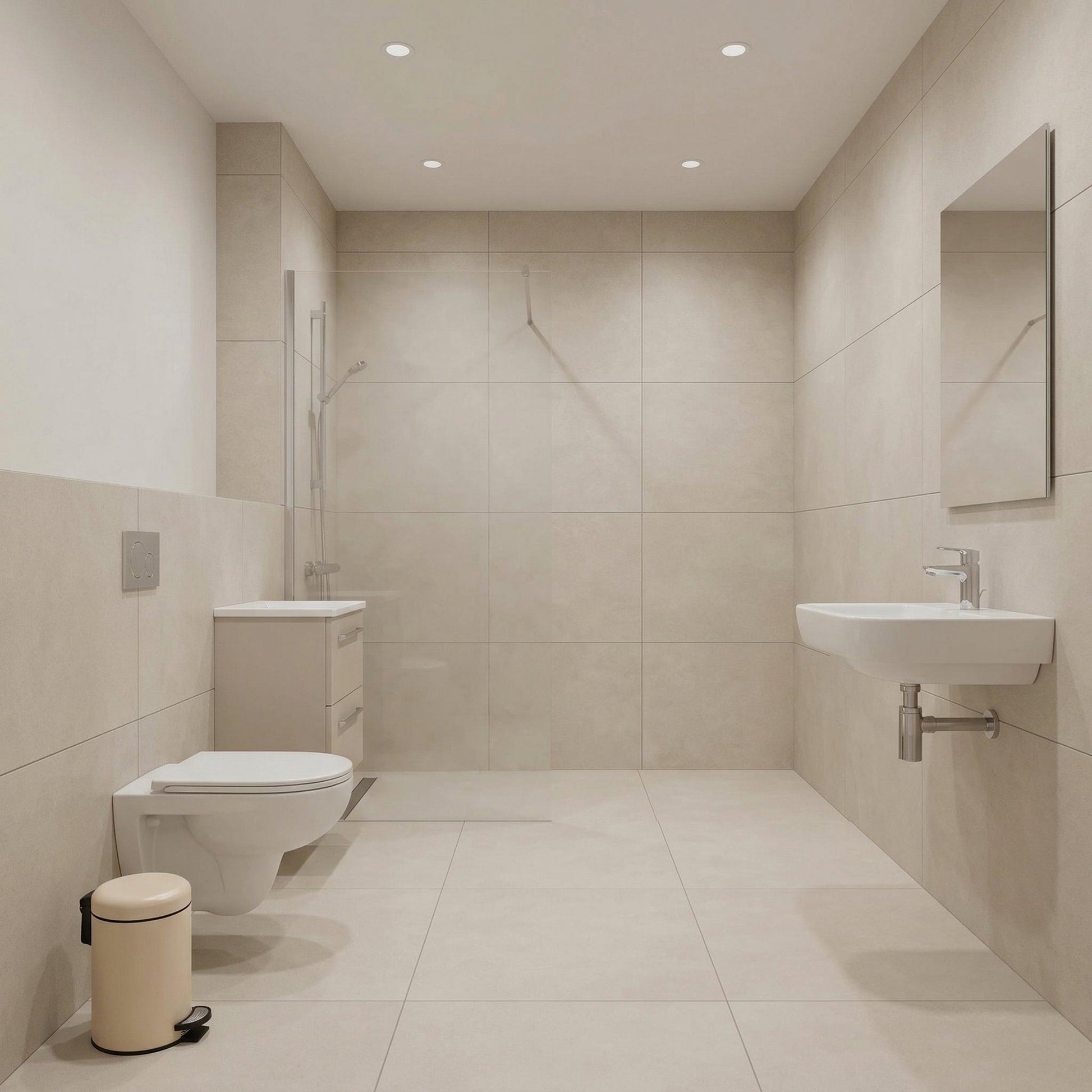 Modernes gefliestes Bad mit Wand-WC, Waschtisch und offener Dusche