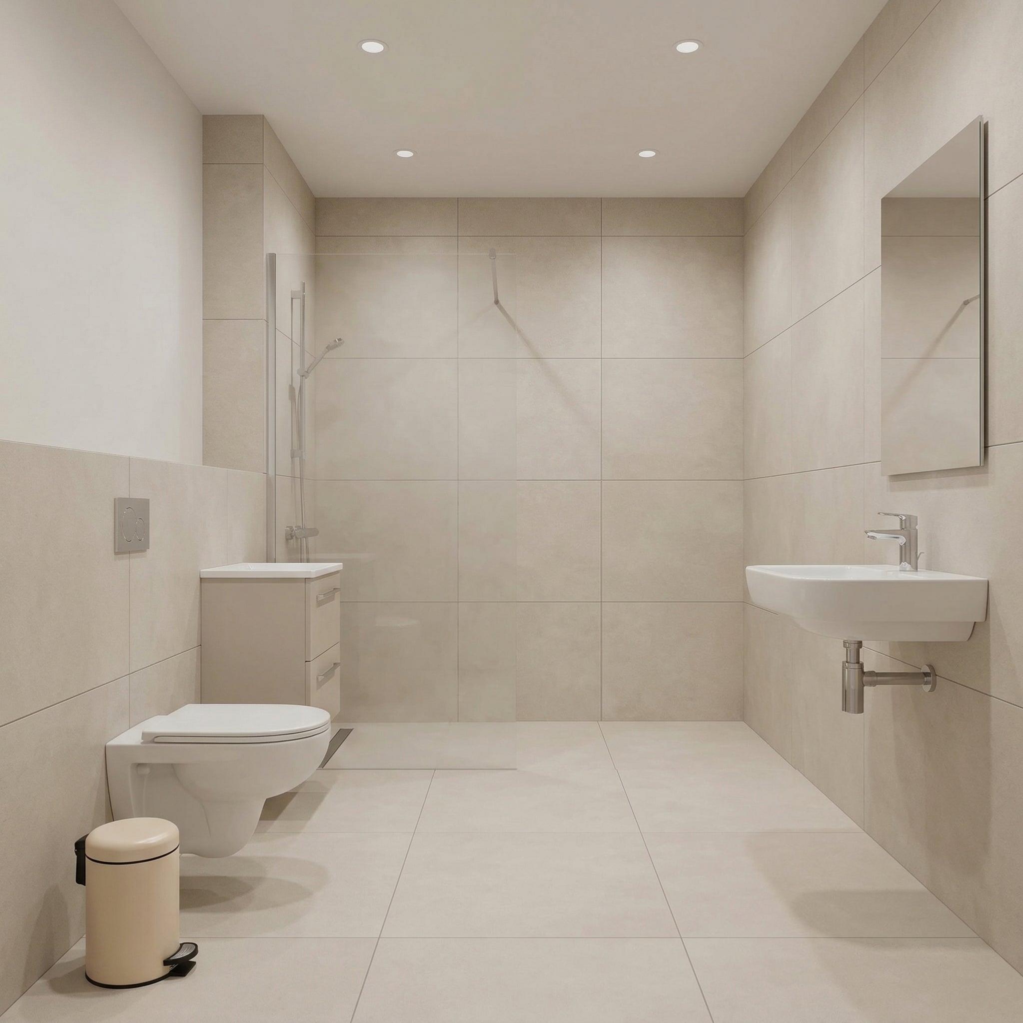 Modernes gefliestes Bad mit Wand-WC, Waschtisch und offener Dusche