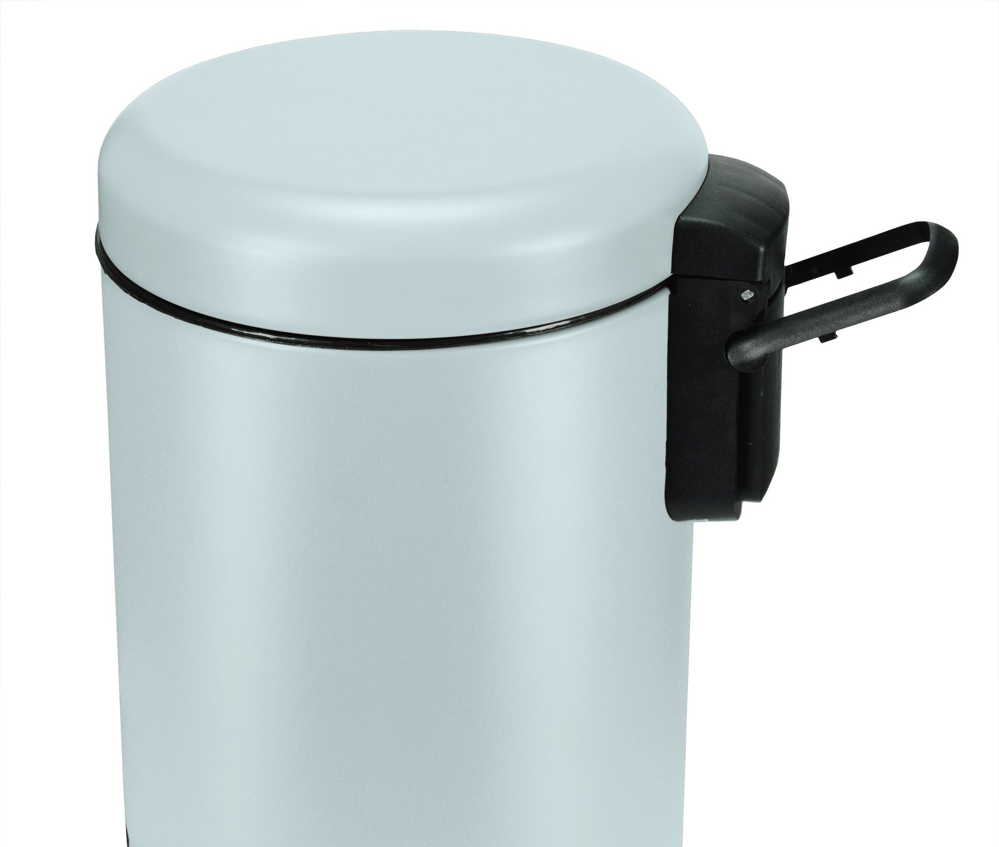 Detailansicht des weißen Kosmetikeimers ONE Opal 3 Liter mit schwarzem Halter seitlich.