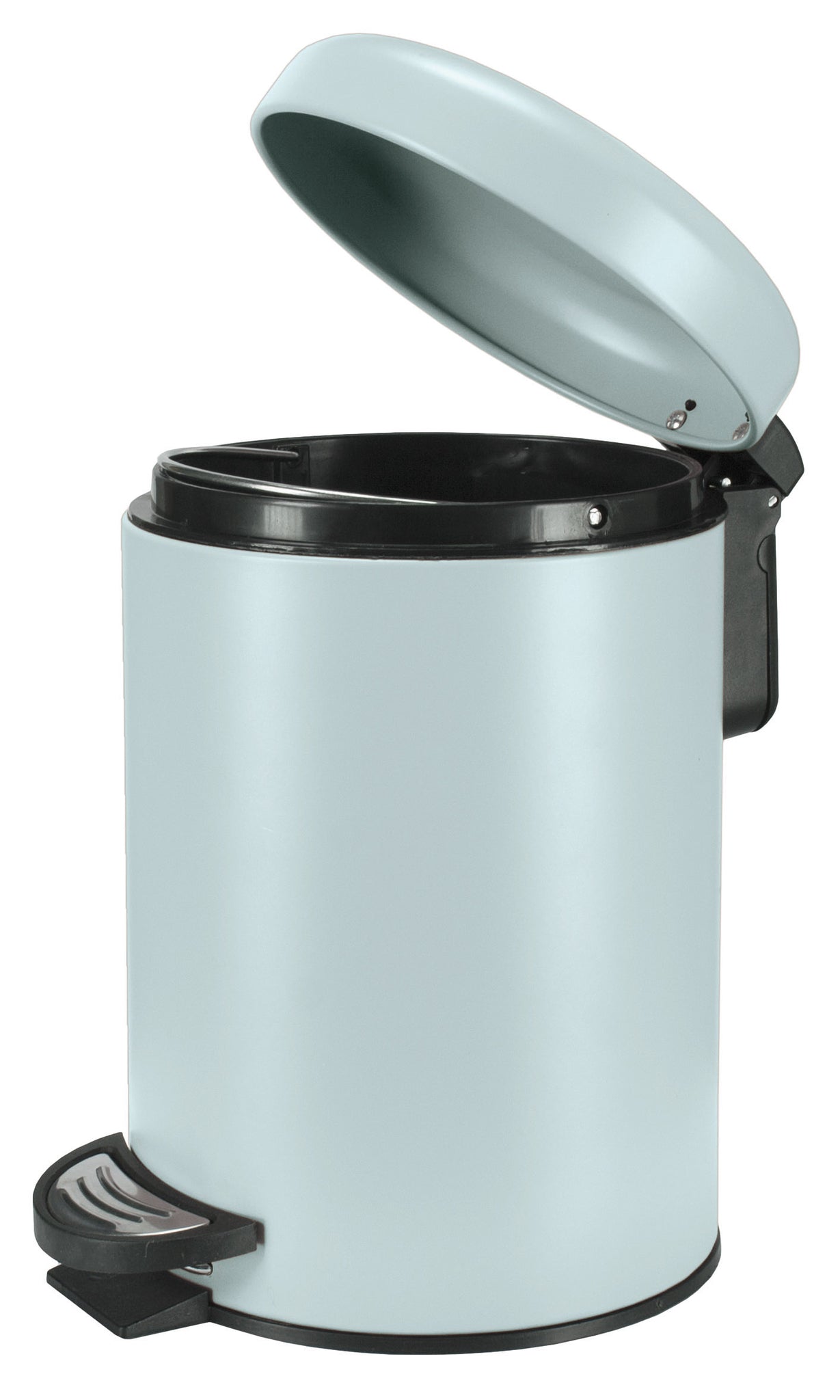 Geöffneter Kosmetikeimer ONE Opal 3 Liter in hellblau mit Fußpedal vor weißem Hintergrund.