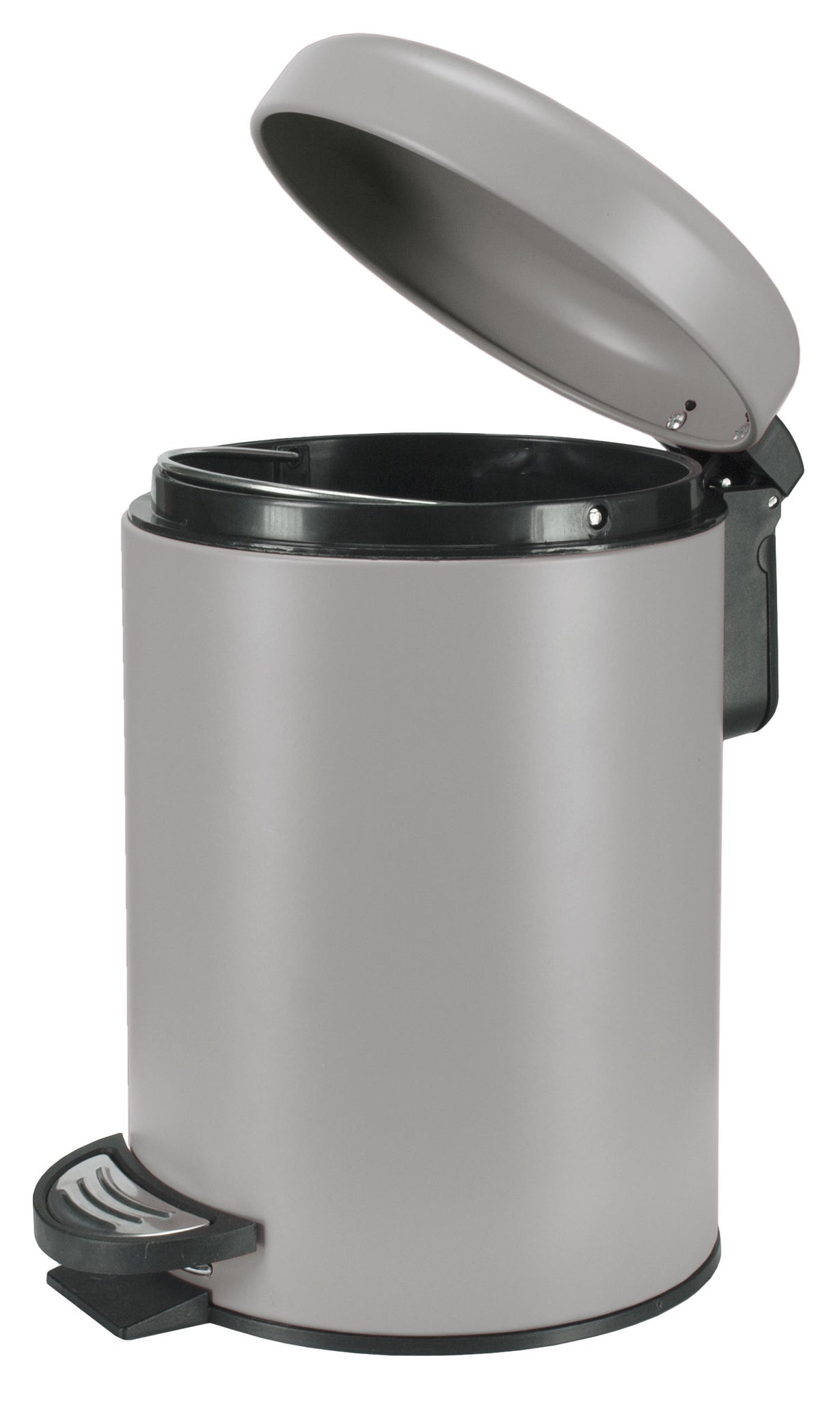 Kosmetikeimer ONE platinfarben mit geöffnetem Deckel und Pedal in Nahaufnahme.