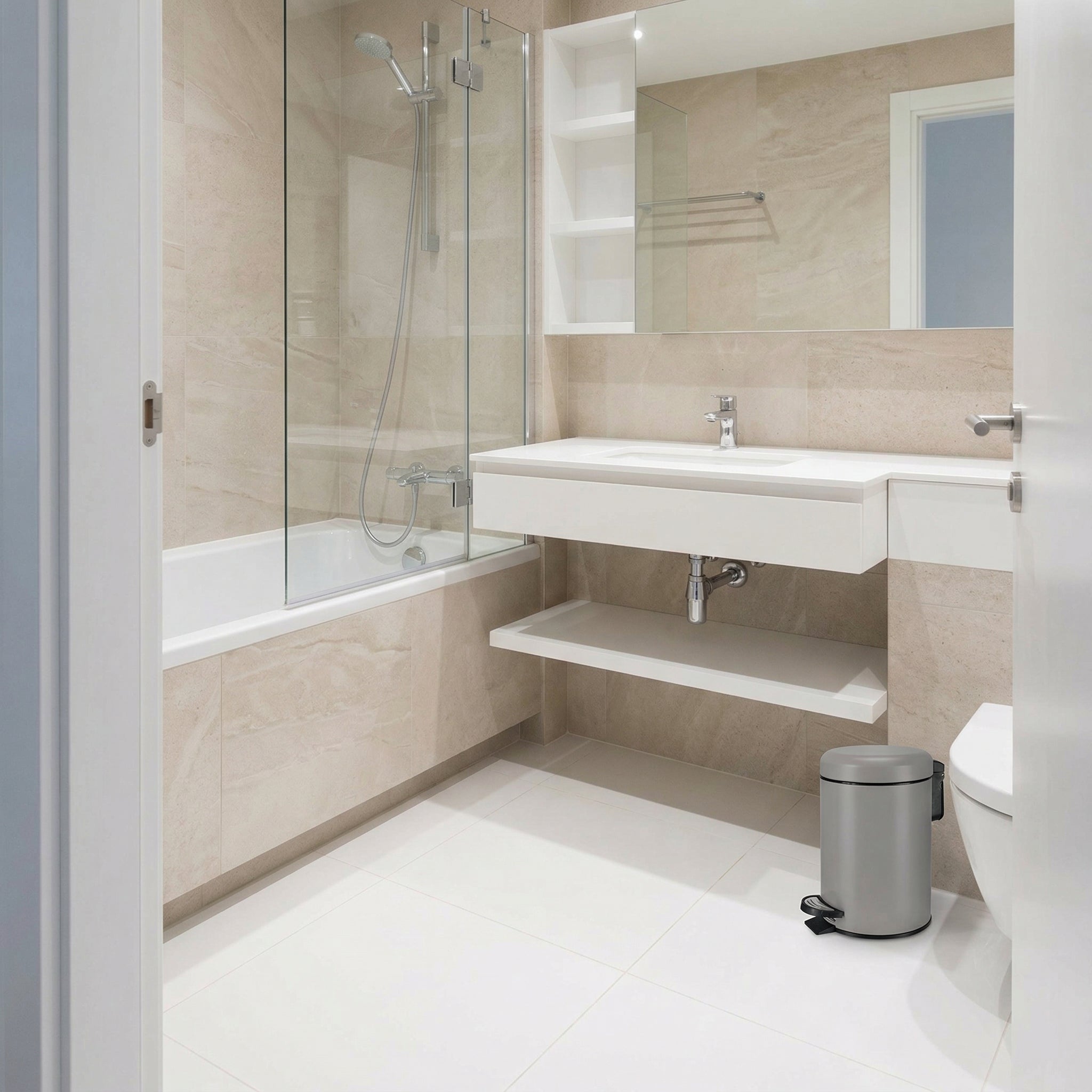 Modernes beige gefliestes Bad mit Badewanne, Waschtisch und Mülleimer