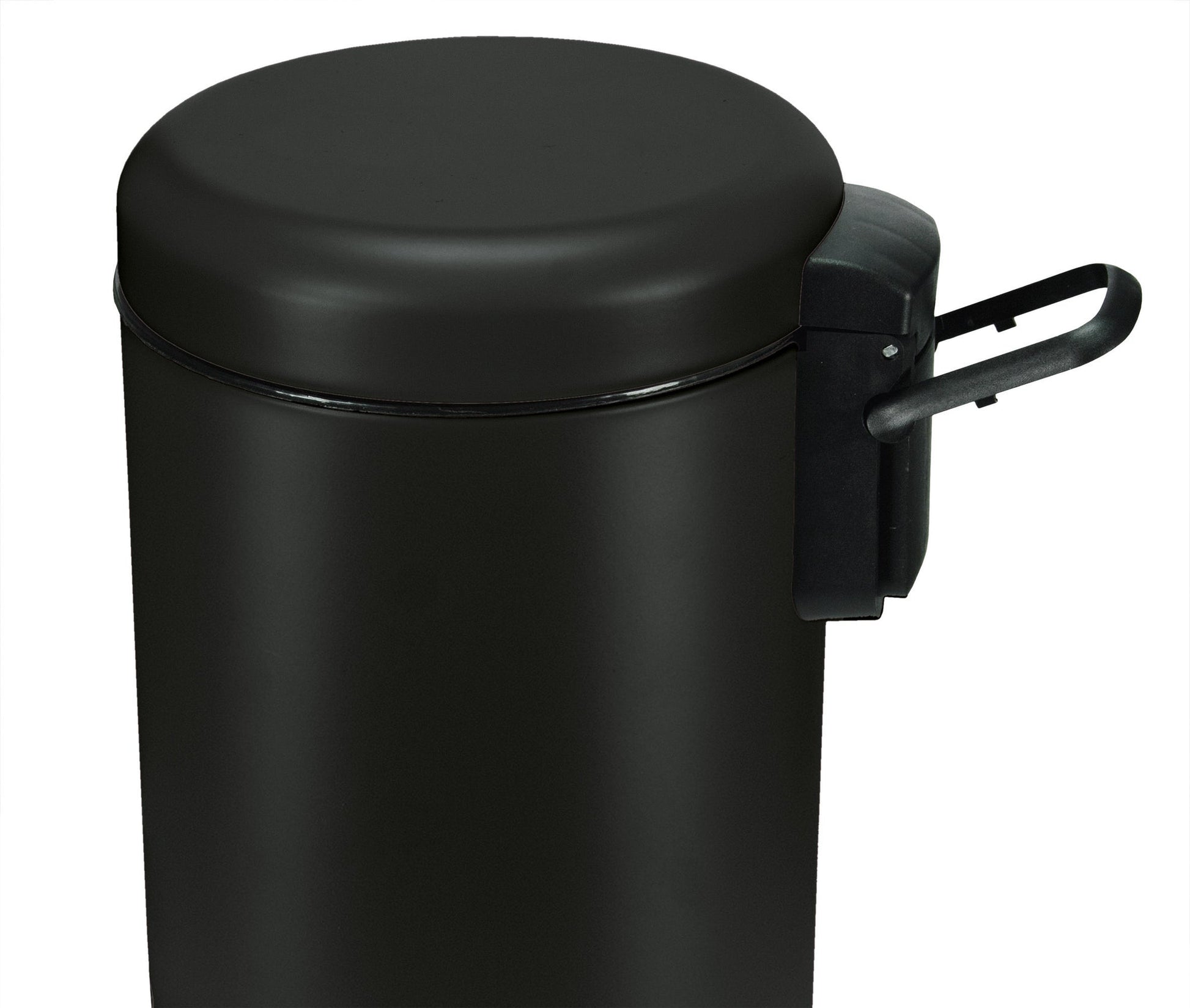 Ausschnitt des Kosmetikeimers ONE Schwarz 3 Liter mit seitlicher Halterung vor weißem Hintergrund.