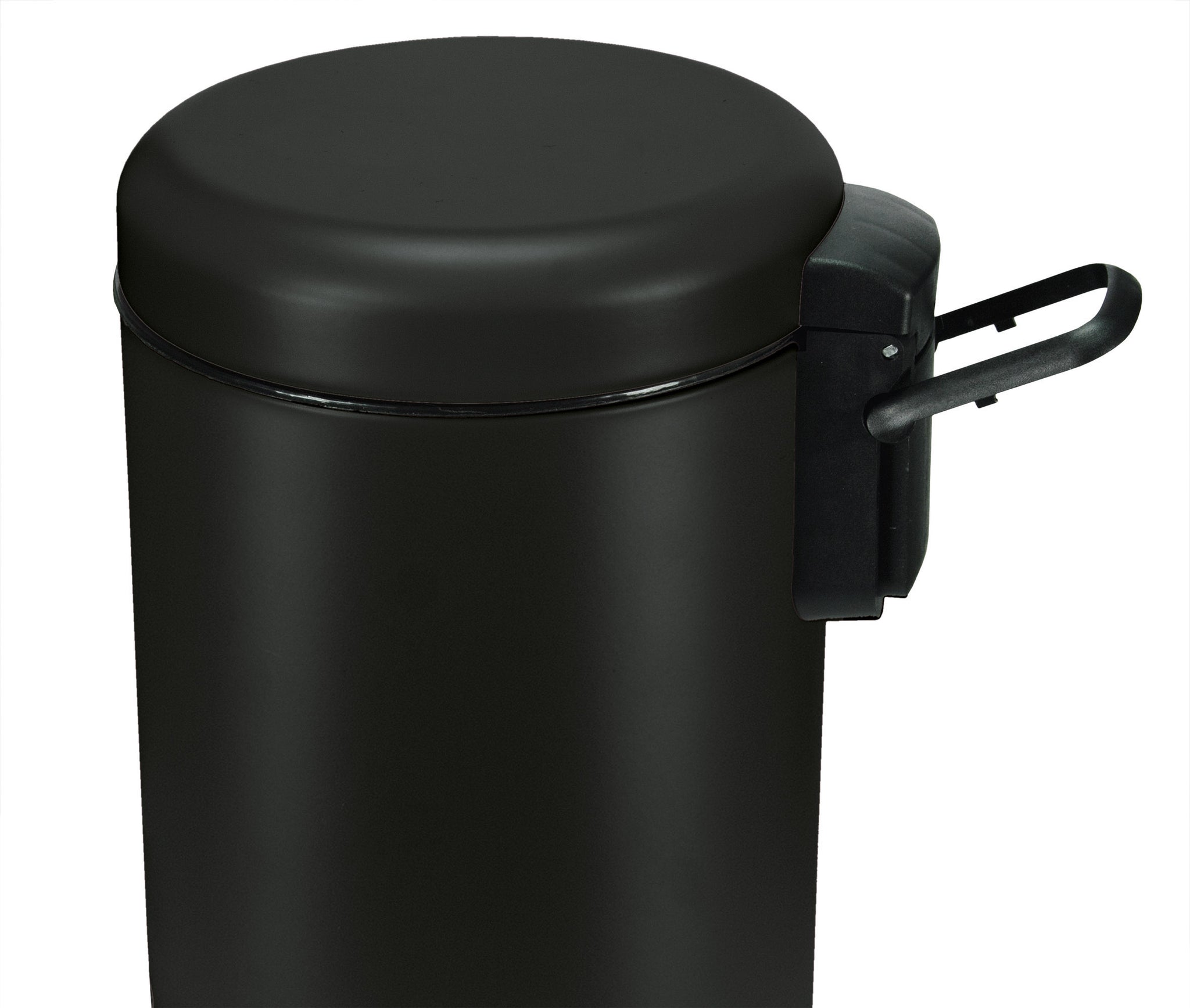 Ausschnitt des Kosmetikeimers ONE Schwarz 3 Liter mit seitlicher Halterung vor weißem Hintergrund.