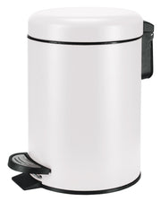 Weißer runder Treteimer mit schwarzem Fußpedal und Deckel seitlich