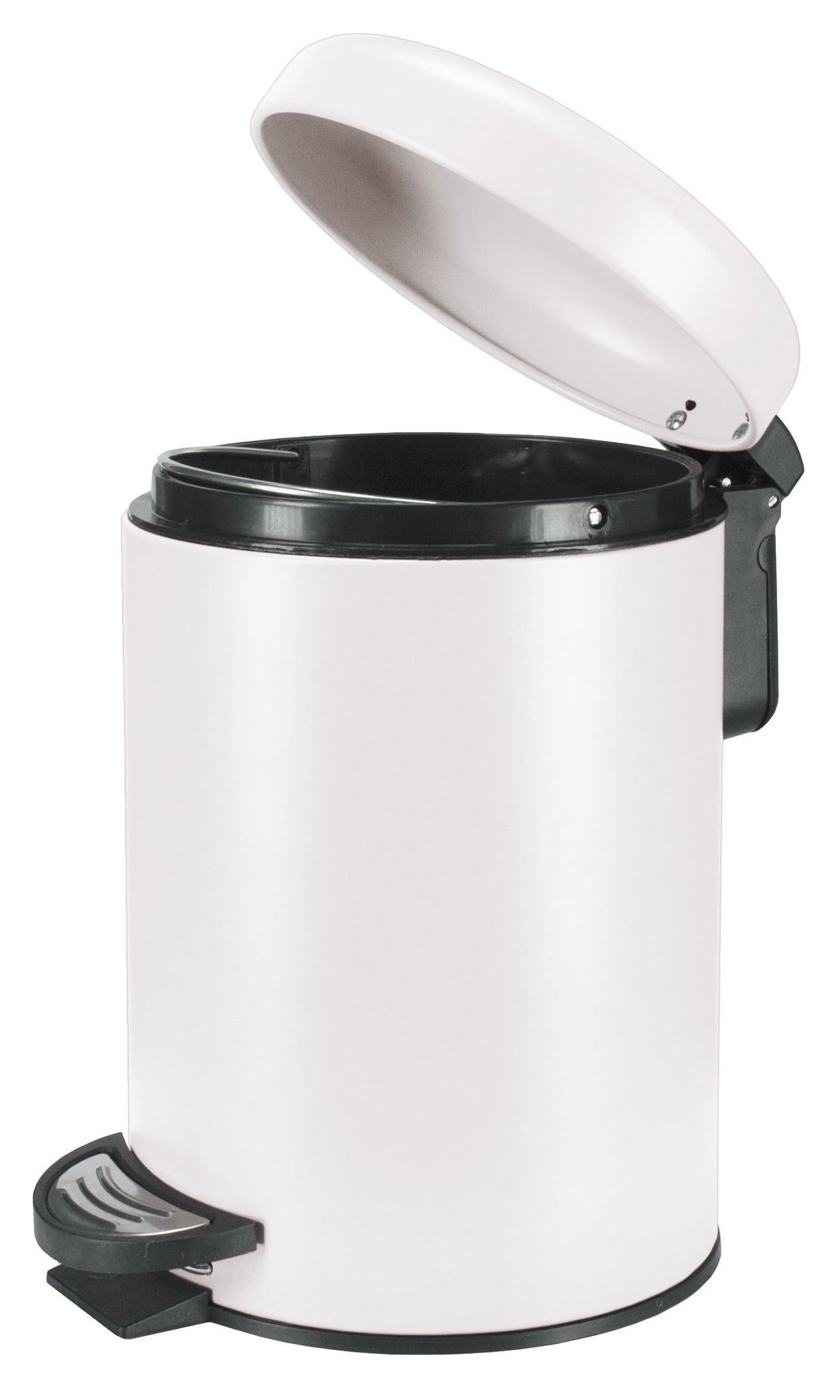 Weißer Kosmetikeimer ONE 3 Liter mit geöffnetem Deckel und Pedal aus schwarzem Kunststoff.