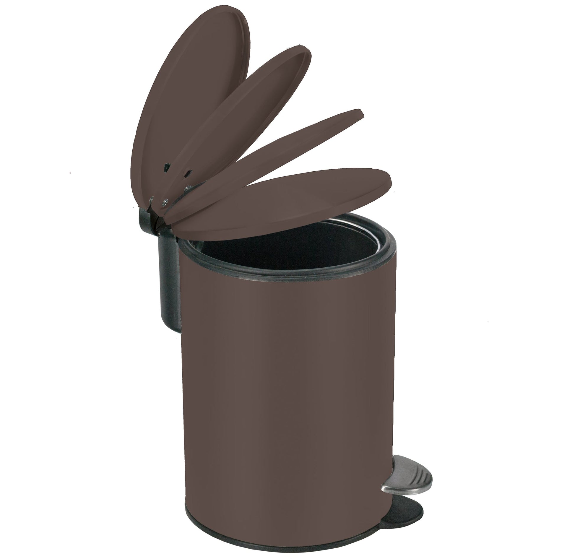 Kosmetikeimer SILENCE Nussbraun 3 Liter mit geöffnetem Deckel und Pedal aus seitlicher Perspektive.