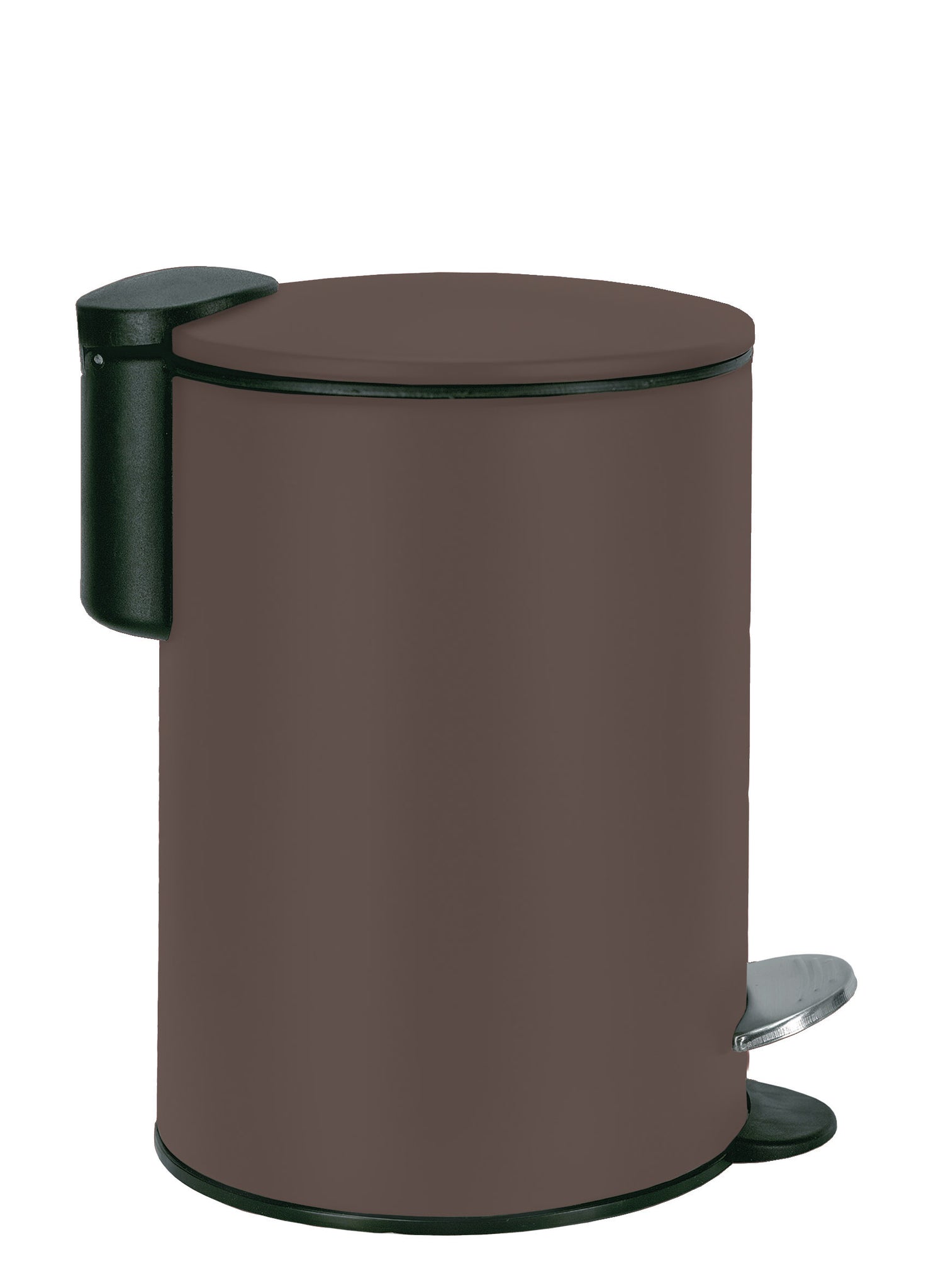 Nussbrauner Kosmetikeimer SILENCE mit 3 Litern Fassungsvermögen und silbernem Fußpedal steht frei.