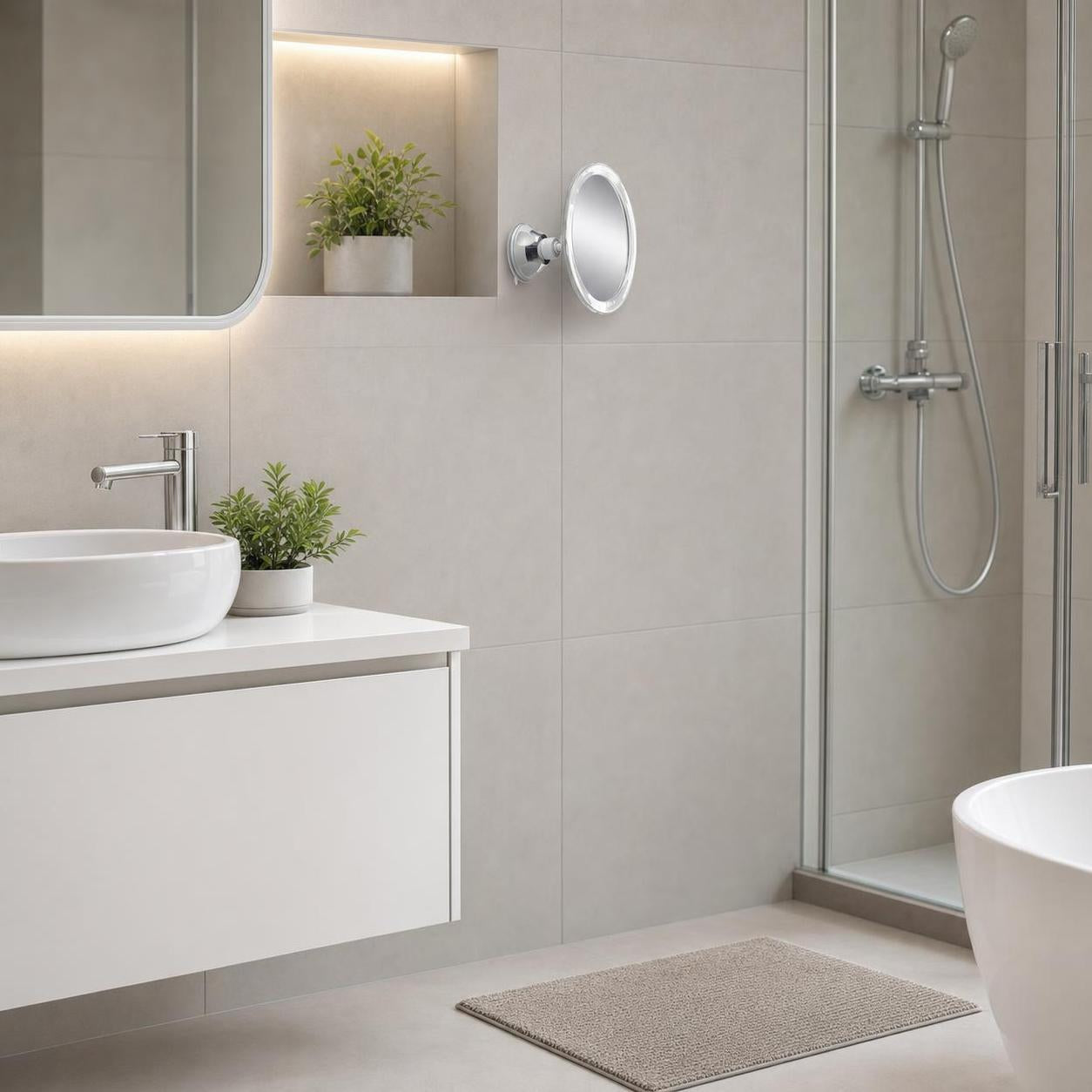Ein runder Wand-Kosmetikspiegel hängt im modernen Bad neben der Dusche.