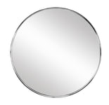 Runder Wandspiegel mit schmalem Chromrahmen vor weißem Hintergrund