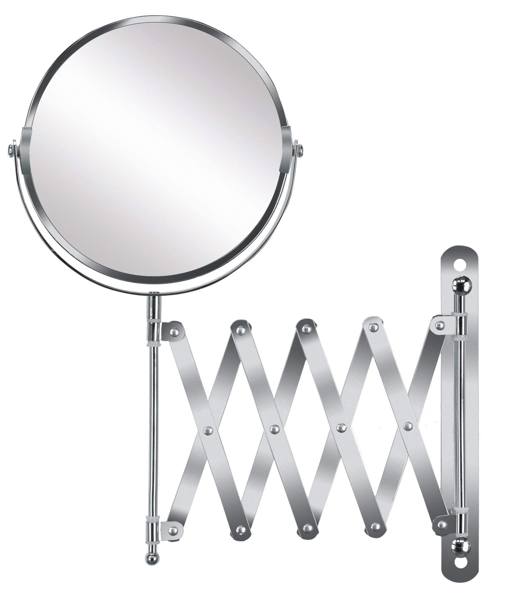 Kosmetikspiegel MOVE MIRROR in Silberfarben mit ausziehbarer Wandhalterung ist frontal zu sehen.