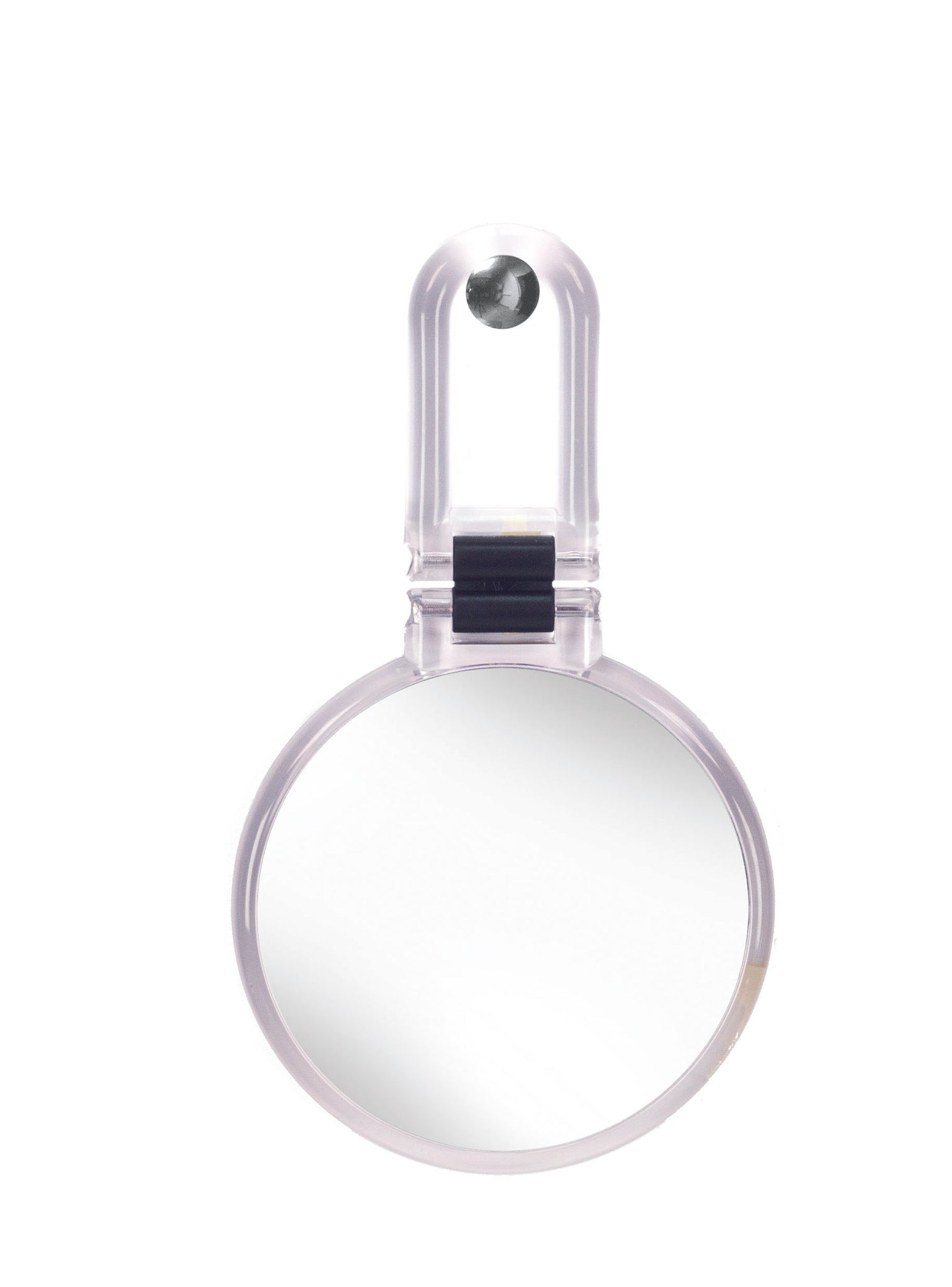 Der Kosmetikspiegel MULTI MIRROR Clear hängt mit transparentem Griff vor weißem Hintergrund.