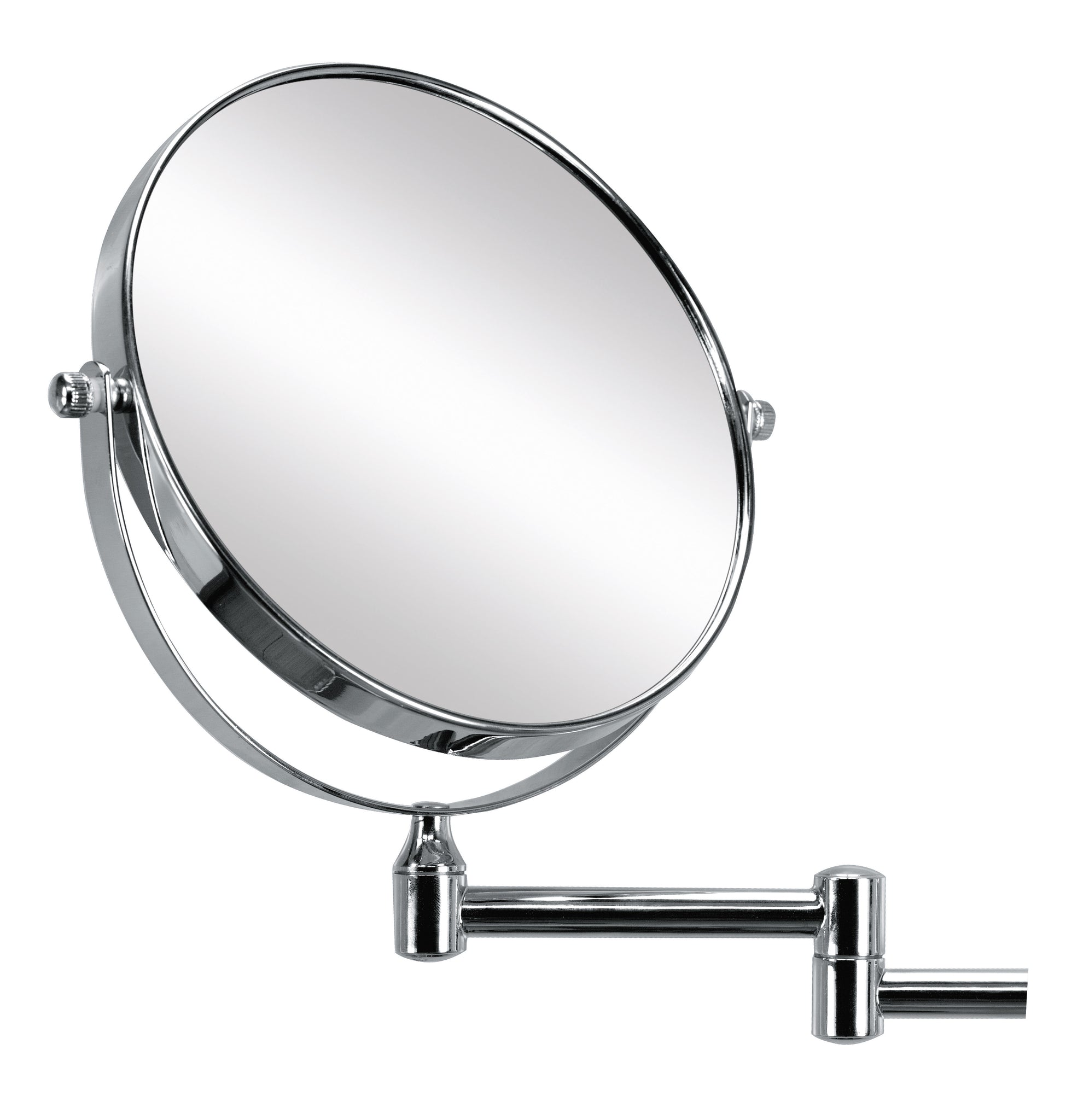 Runder Kosmetikspiegel mit Vergrößerung und schwenkbarem Wandarm, chrom