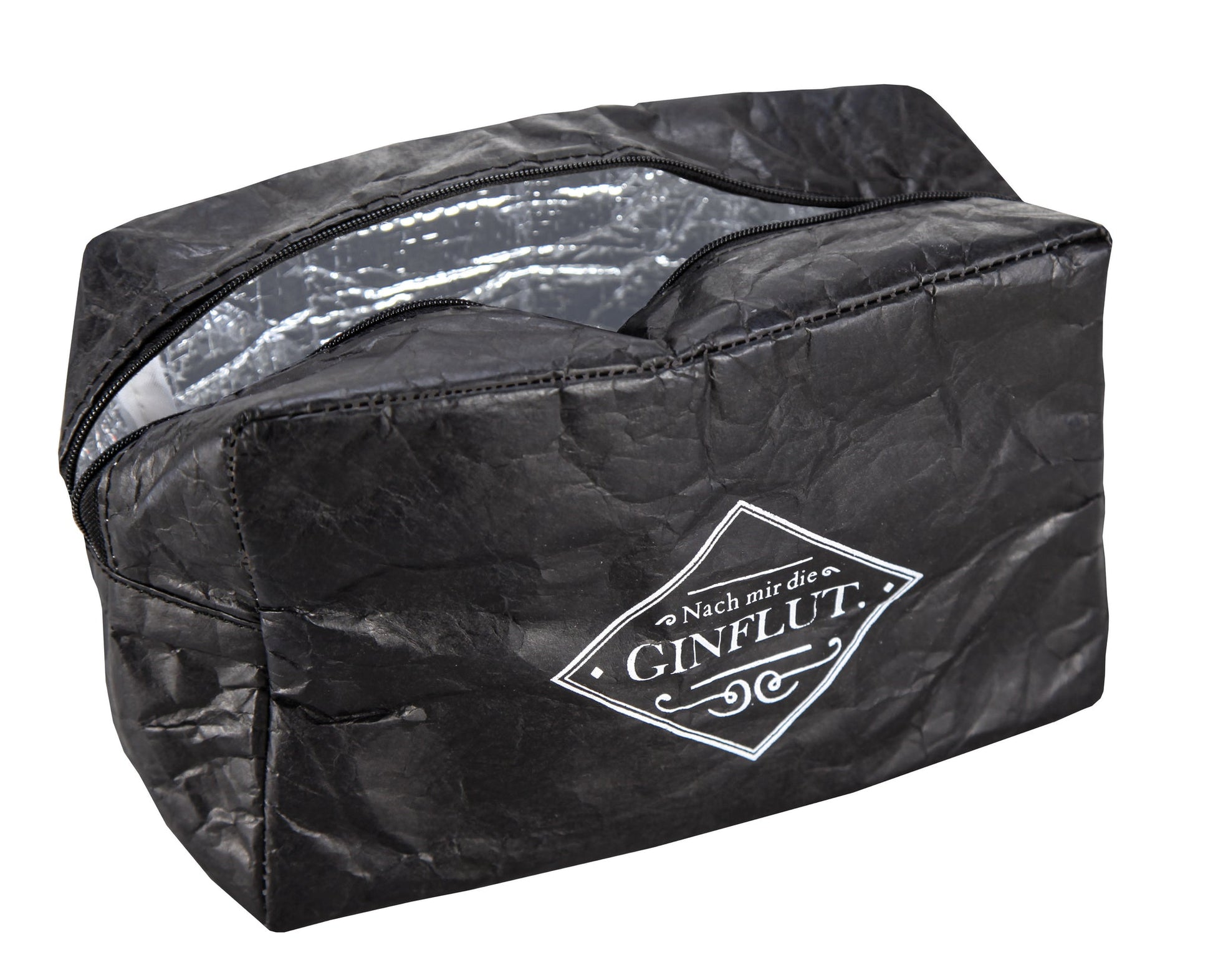 Das Bild zeigt eine schwarze Kosmetiktasche GIN S mit Reißverschluss und Aufdruck Nach mir die GINFLUT.