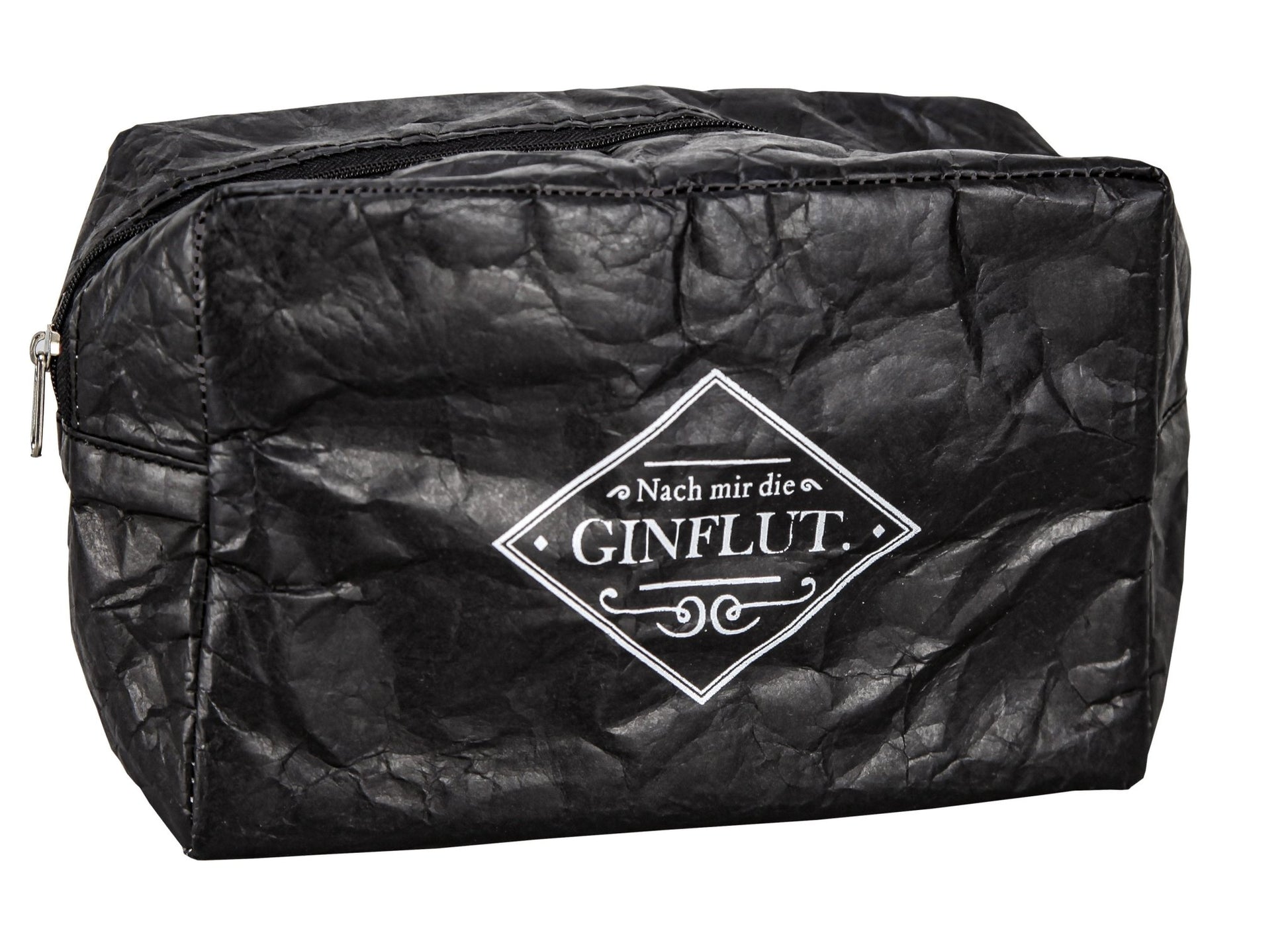 Schwarze Kosmetiktasche GIN S mit Aufdruck Nach mir die Ginflut vor weißem Hintergrund.