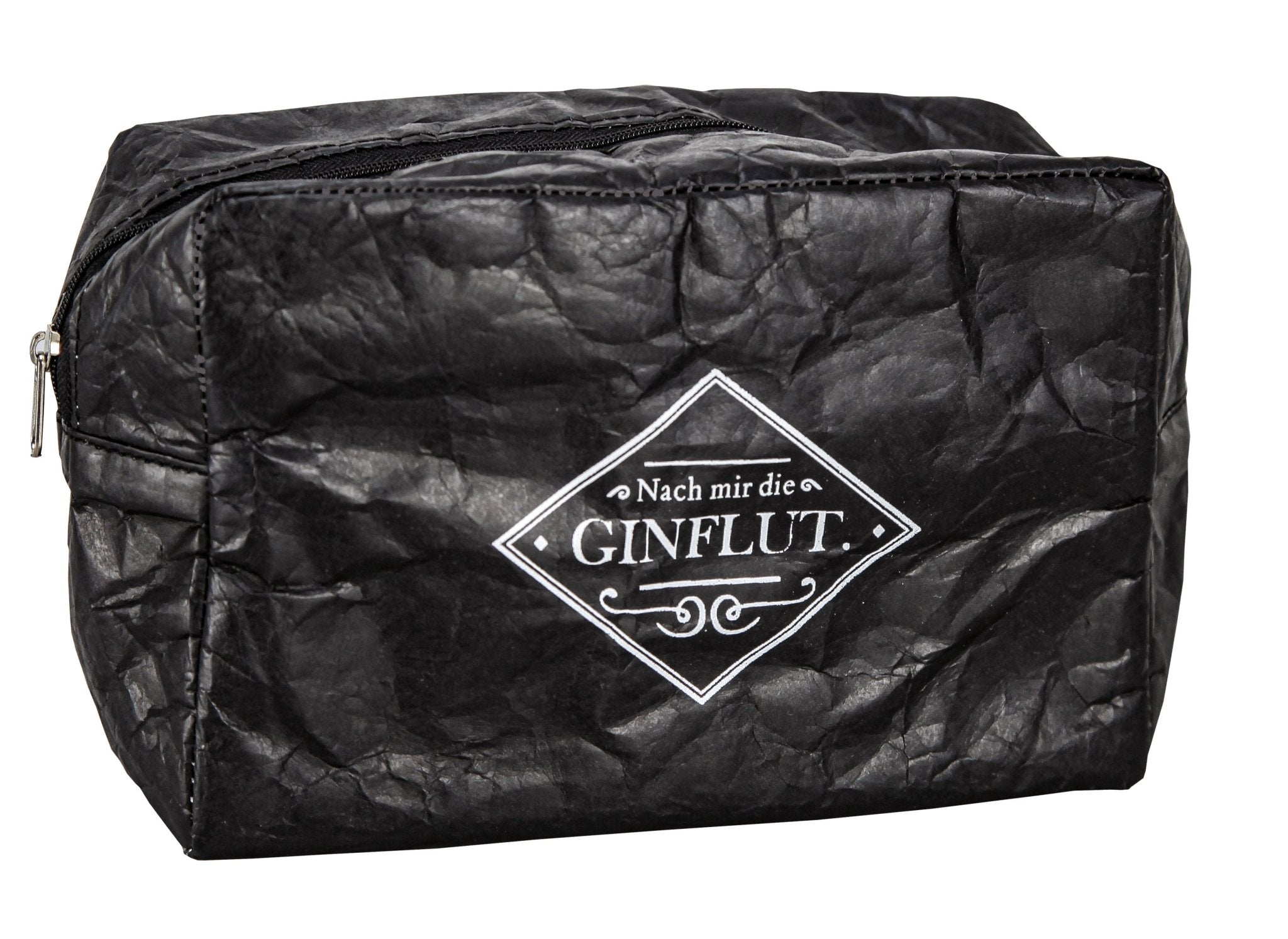 Schwarze Kosmetiktasche GIN S mit Aufdruck Nach mir die Ginflut vor weißem Hintergrund.