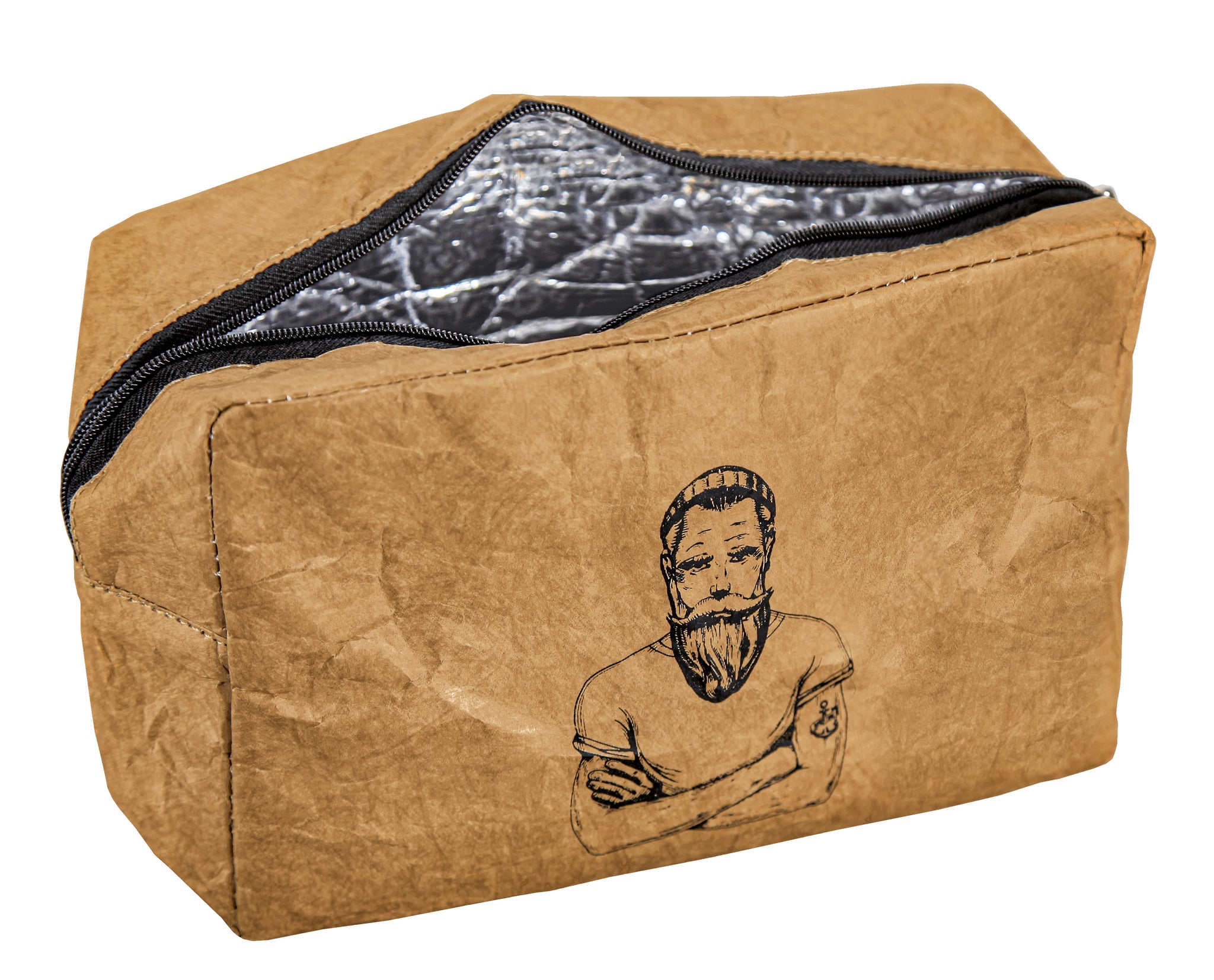 Braune Kulturtasche mit Reißverschluss und Zeichnung eines Bartträgers