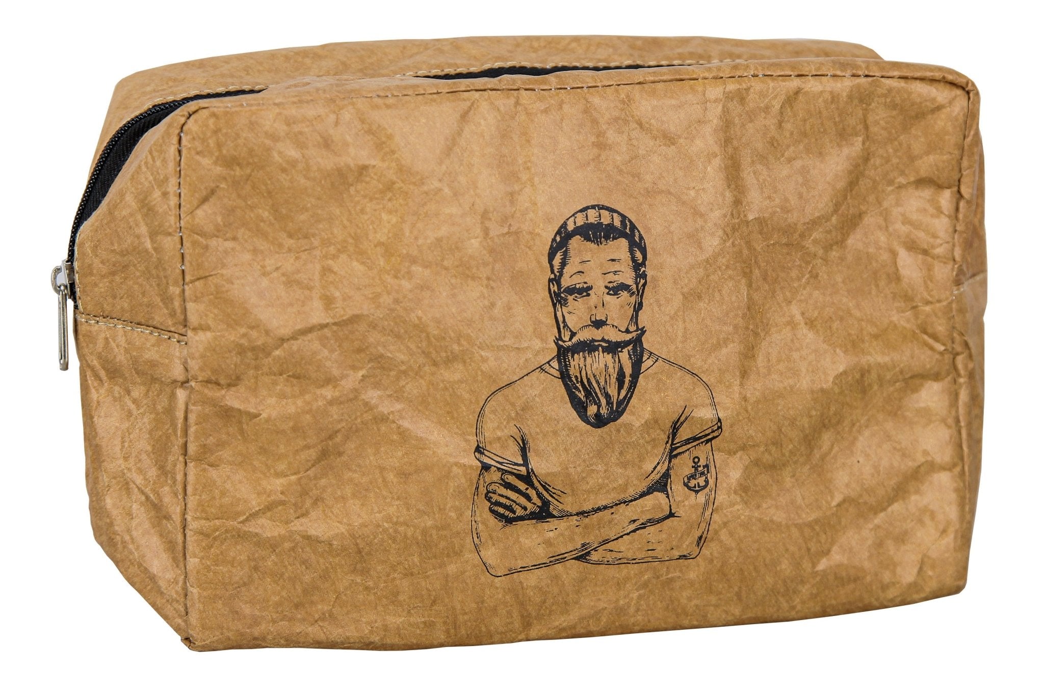 Braune Kulturtasche mit Illustration eines bärtigen Seemanns vorne