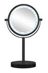 Schwarzer runder Kosmetikspiegel mit LED-Beleuchtung auf Standfuß