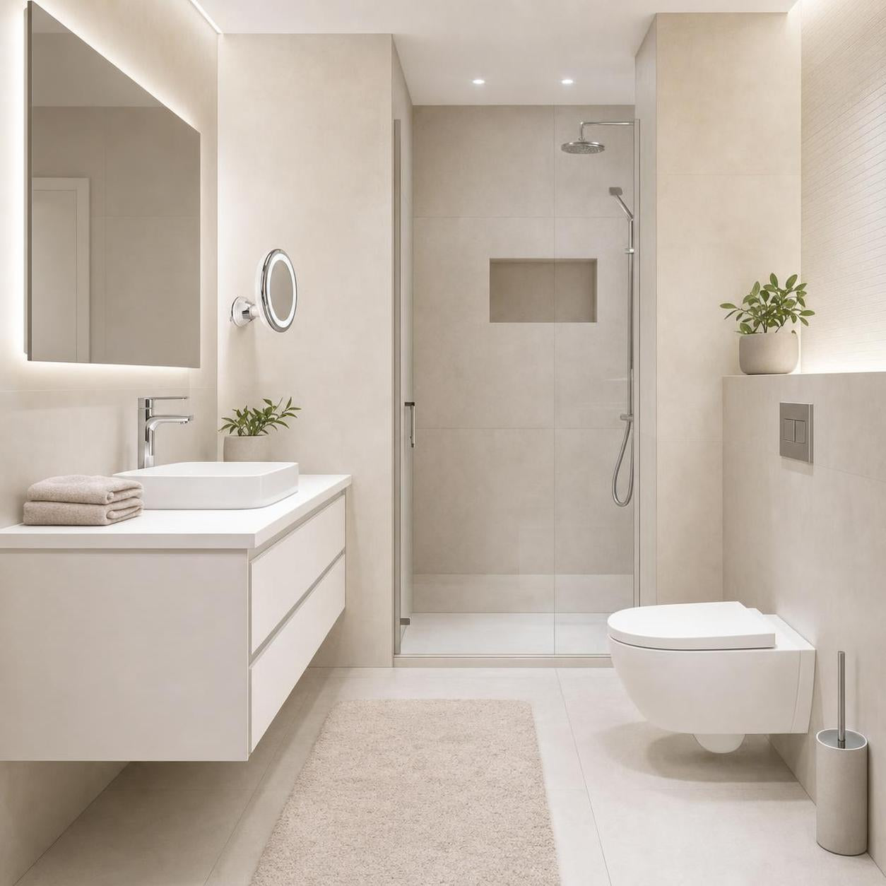 Modernes Bad mit Waschtisch, Spiegelschrank, Dusche und WC.