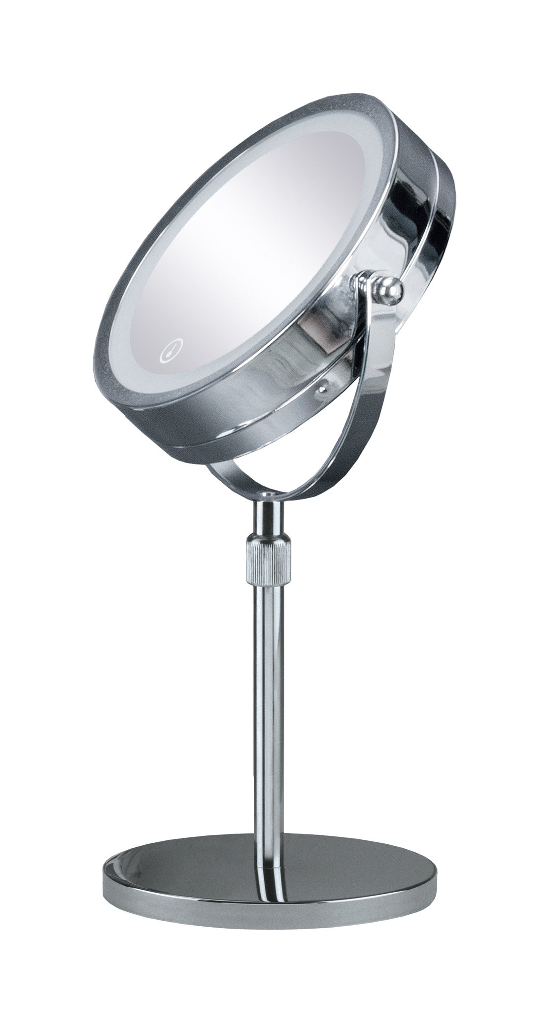 Verchromter, runder Kosmetikspiegel mit LED-Beleuchtung auf Standfuß