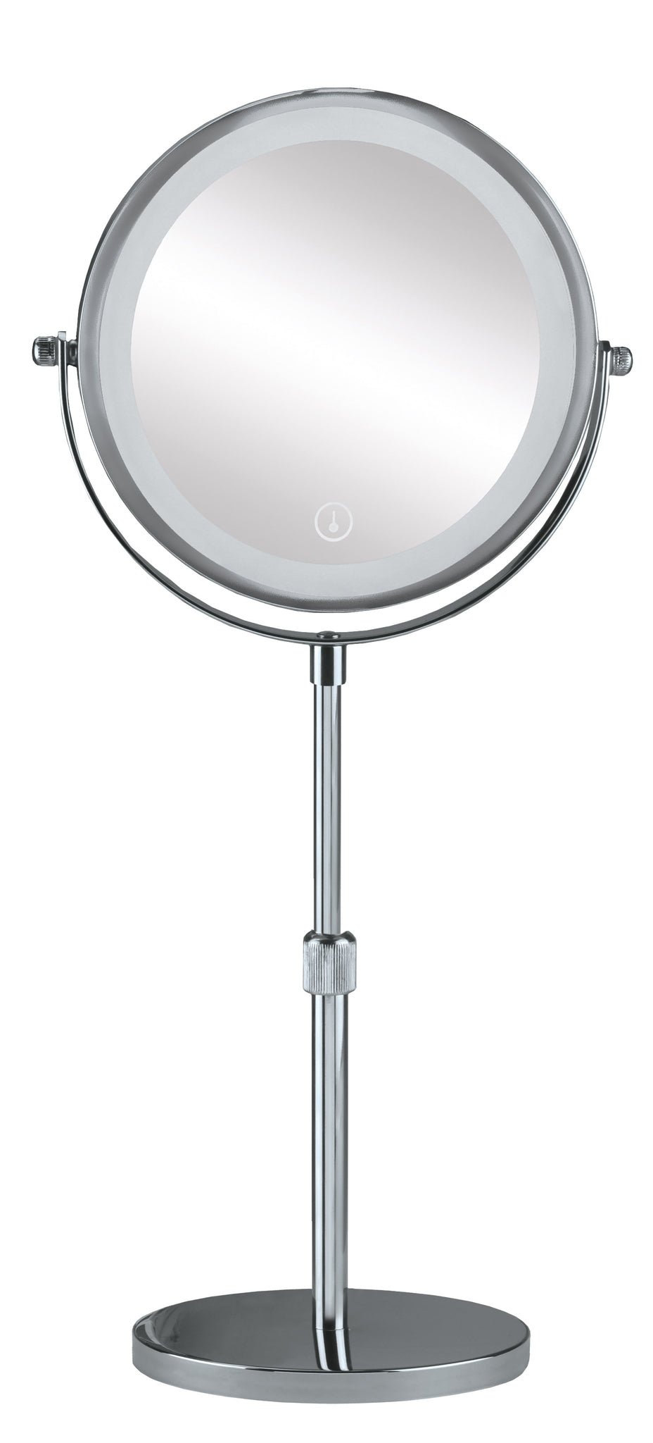 Runder, verchromter Kosmetikspiegel mit Ständer und Touchfeld vorn