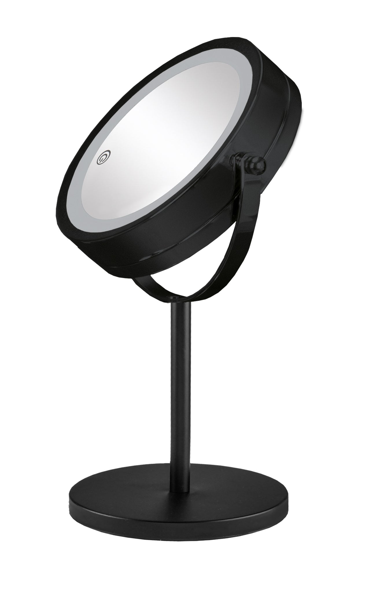 Schwarzer Stand-Kosmetikspiegel mit runder LED-Beleuchtung und verstellbarem Rahmen