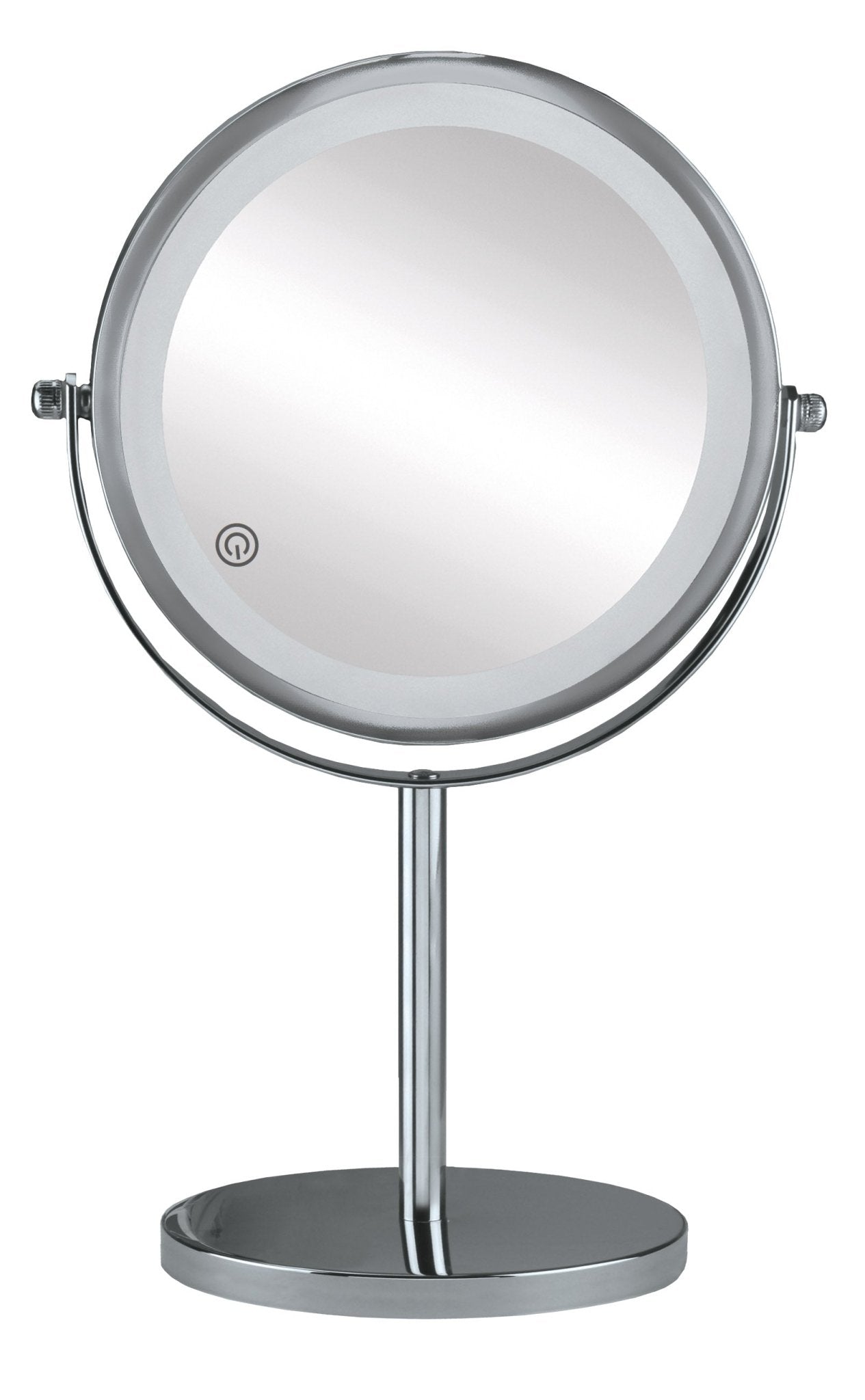 Runder Stand-Kosmetikspiegel aus Chrom mit LED-Beleuchtung frontal