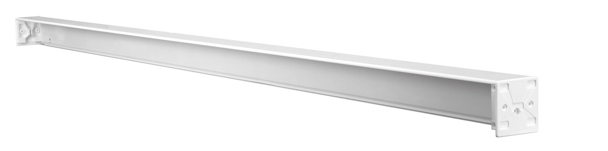 Weiße 134 cm Leerkassette für Duschrollo ohne Duschvorhang vor weißem Hintergrund.