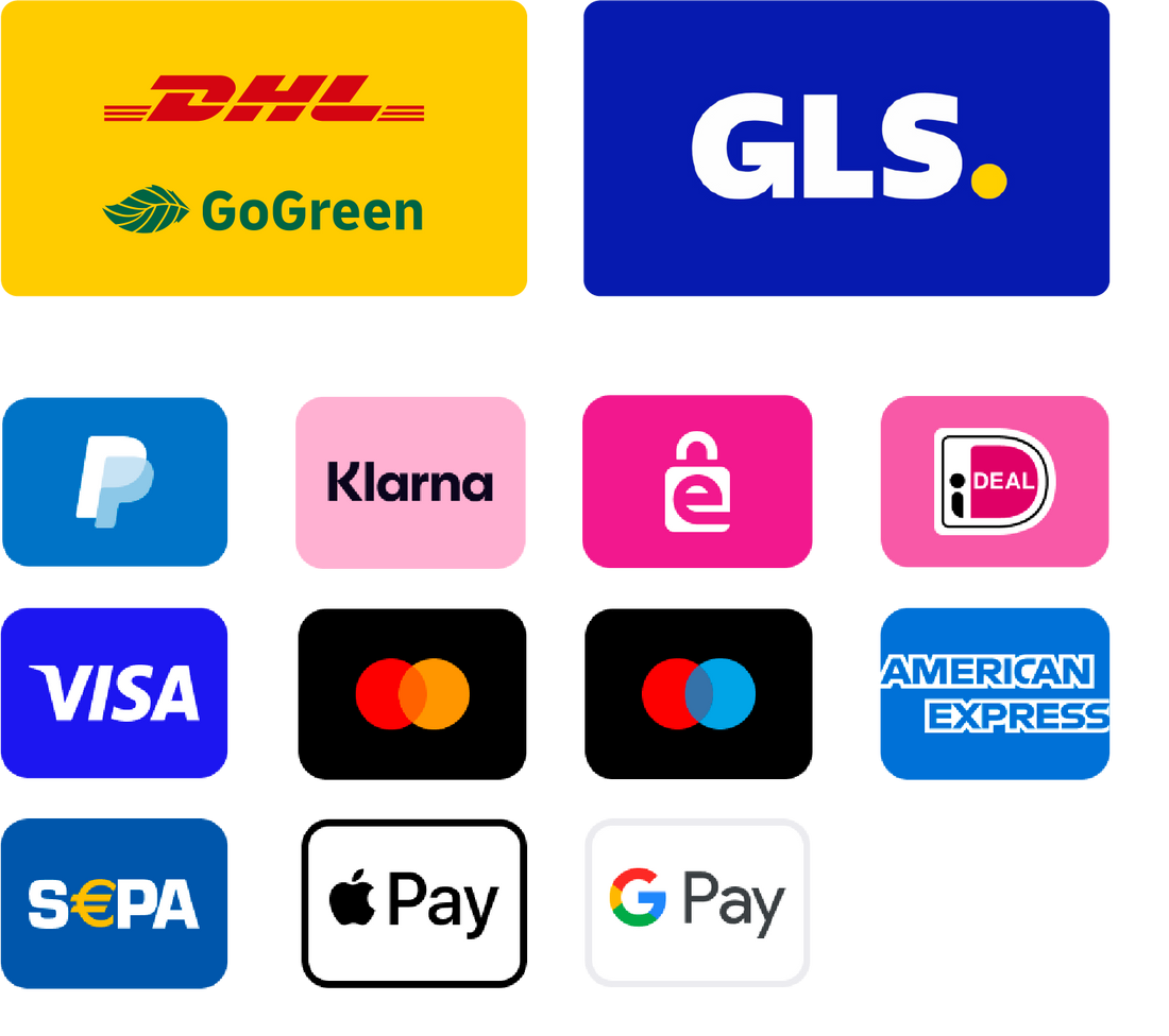 Logos von DHL GoGreen, GLS, PayPal, Klarna, VISA, Mastercard, Amex, SEPA, Apple Pay und Google Pay.