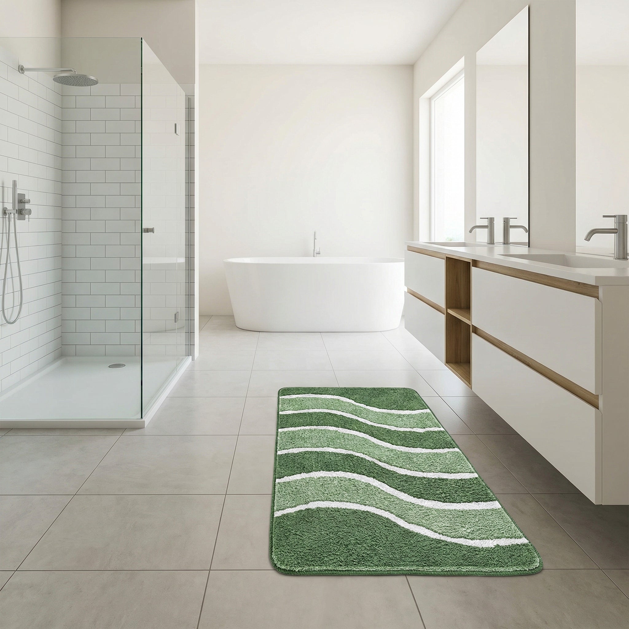Grüner Badteppich mit weißen Wellenlinien in modernem Badezimmer