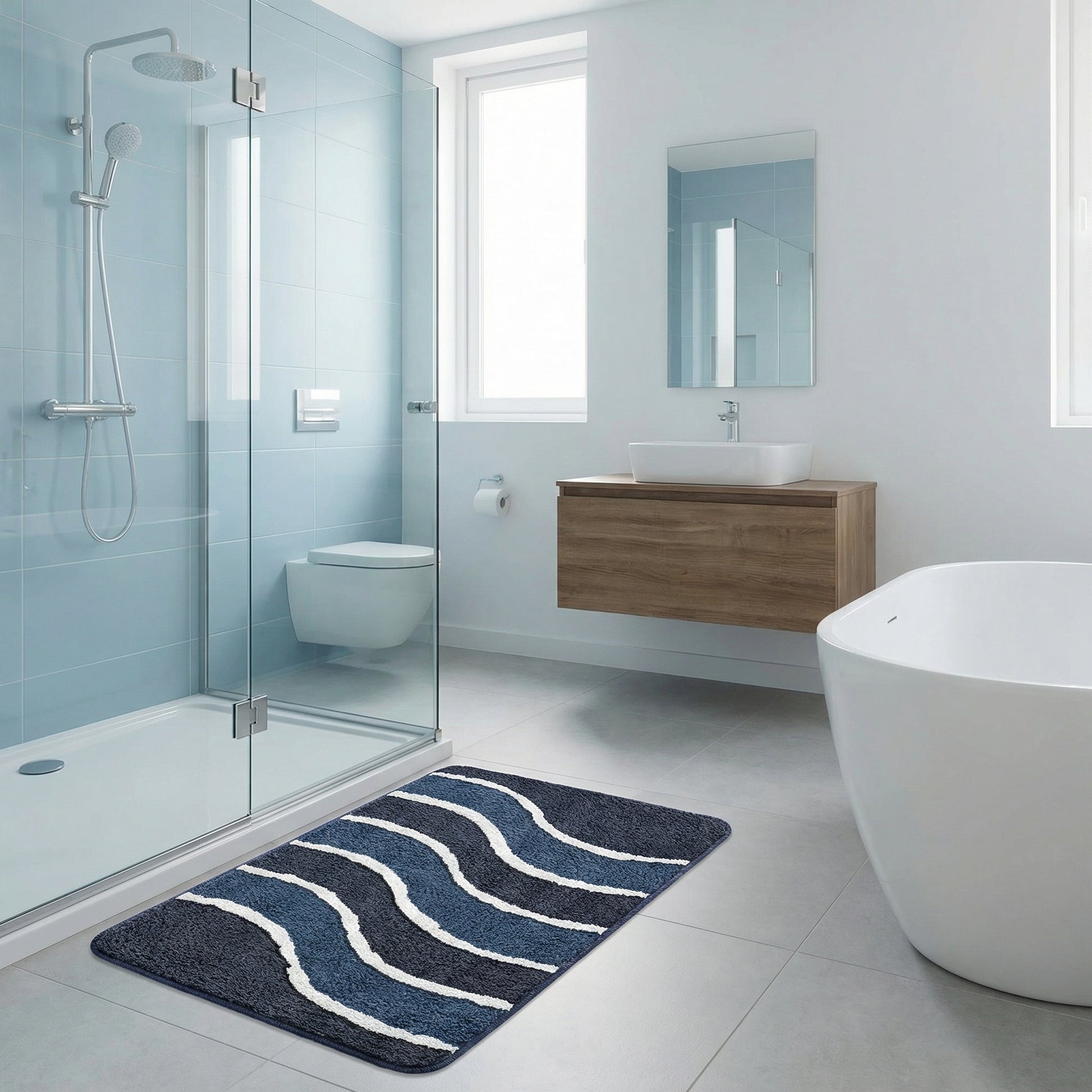 Blauer Badematte mit Wellenmuster in modernem, hellem Bad mit Dusche