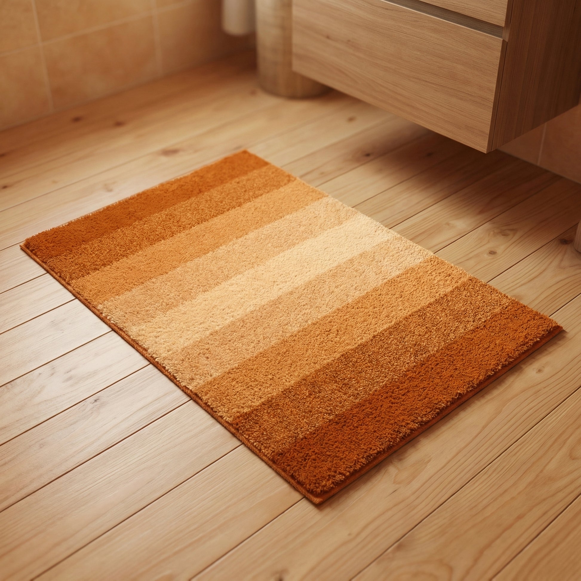 Orange gestreifter Badteppich auf hellem Holzfußboden im modernen Bad