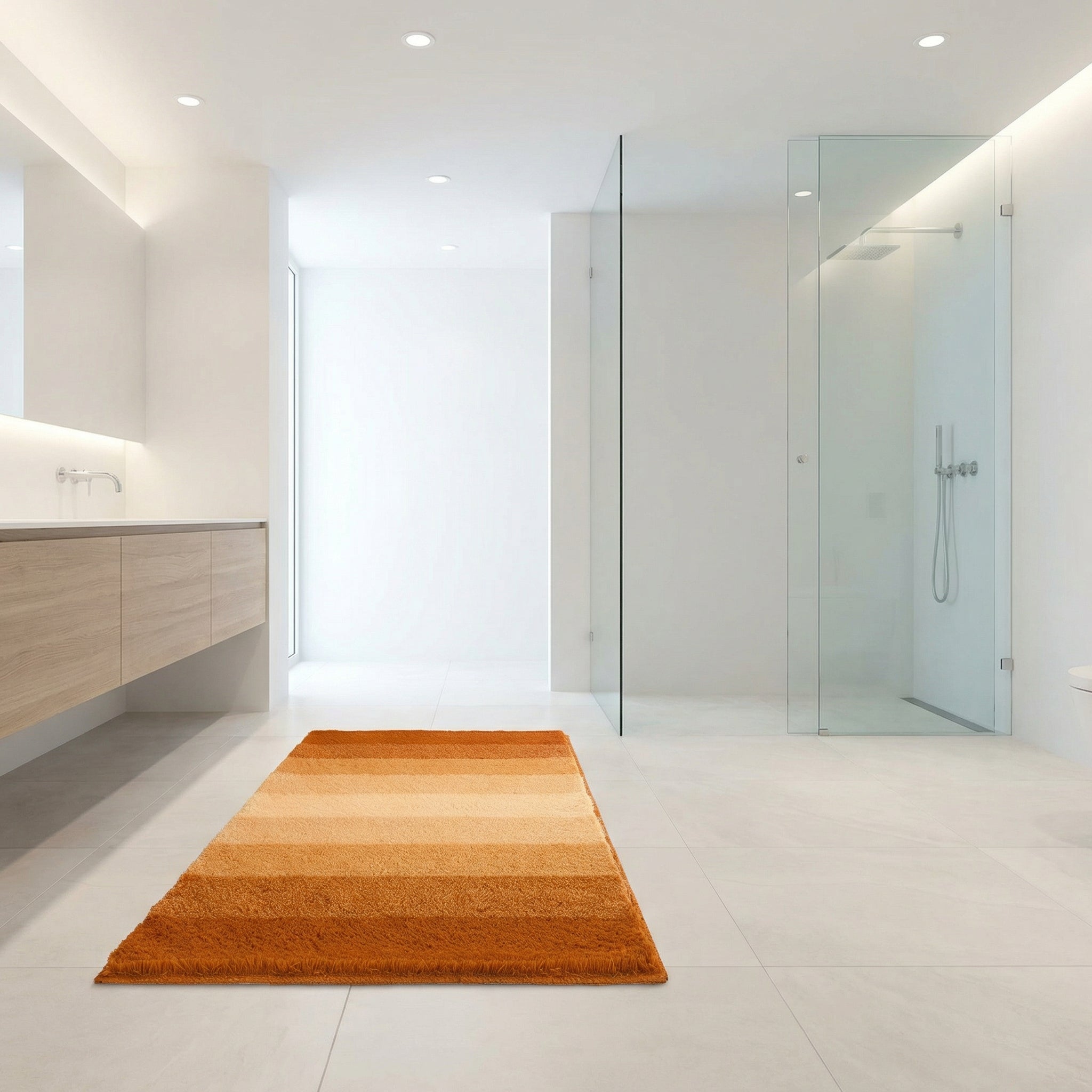 Orange gestreifter Badteppich auf hellem Boden in modernem Bad mit Dusche