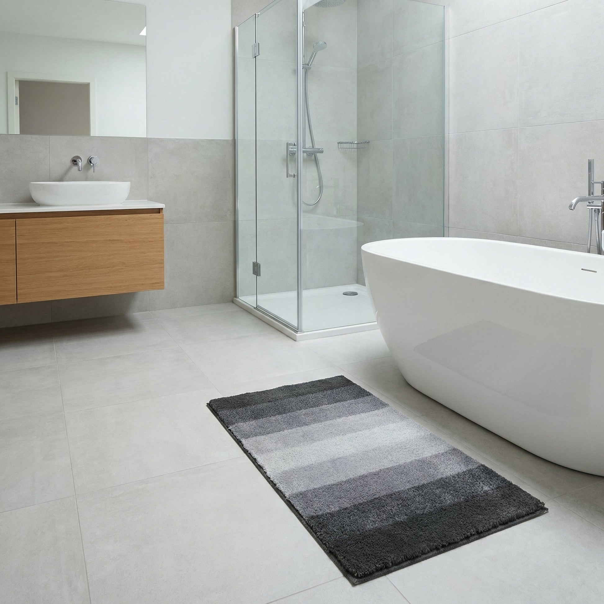Modernes Bad mit freistehender Wanne, Glasdusche und grauer Badematte