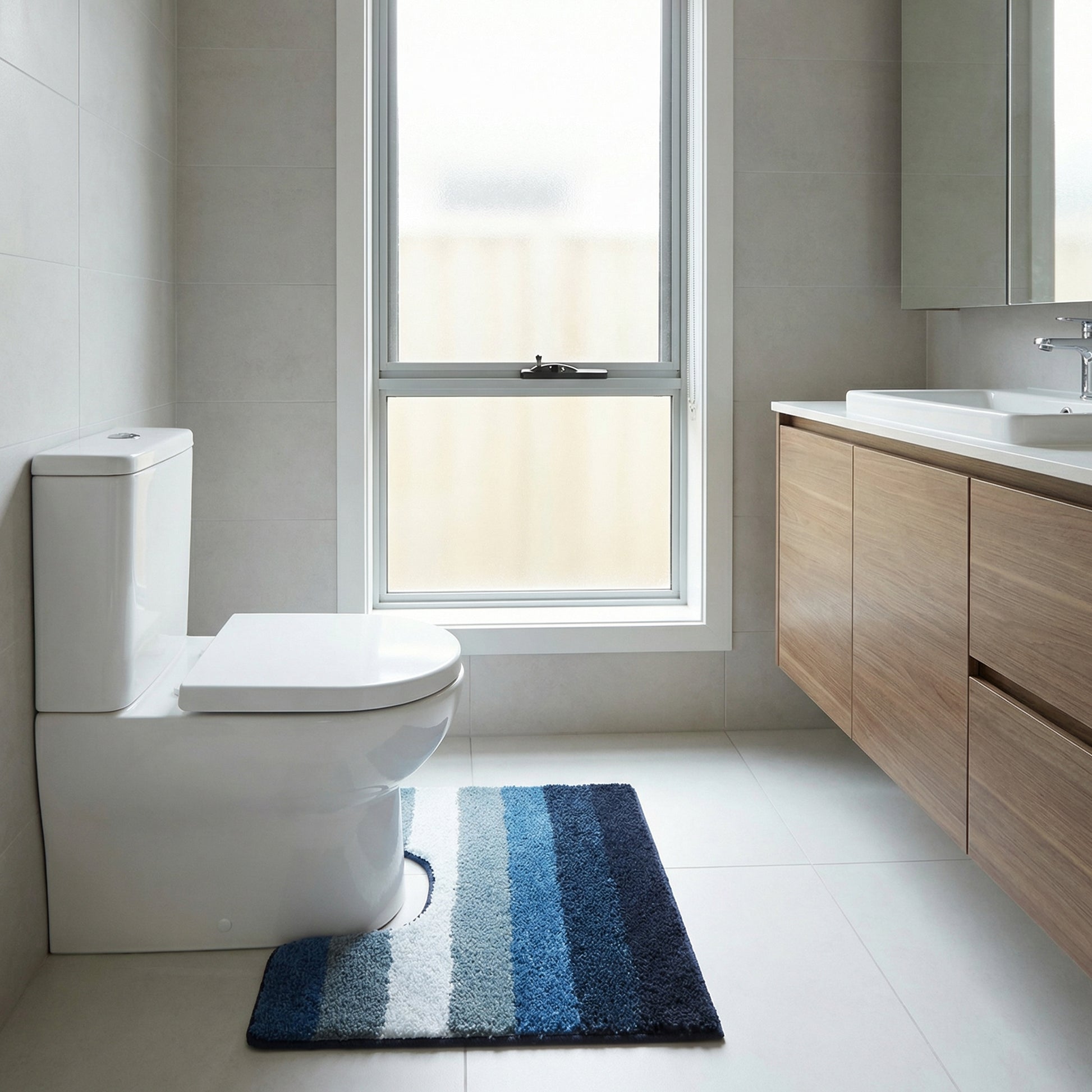 Modernes Bad mit WC, Holzwaschtisch und blau gestreifter Badematte